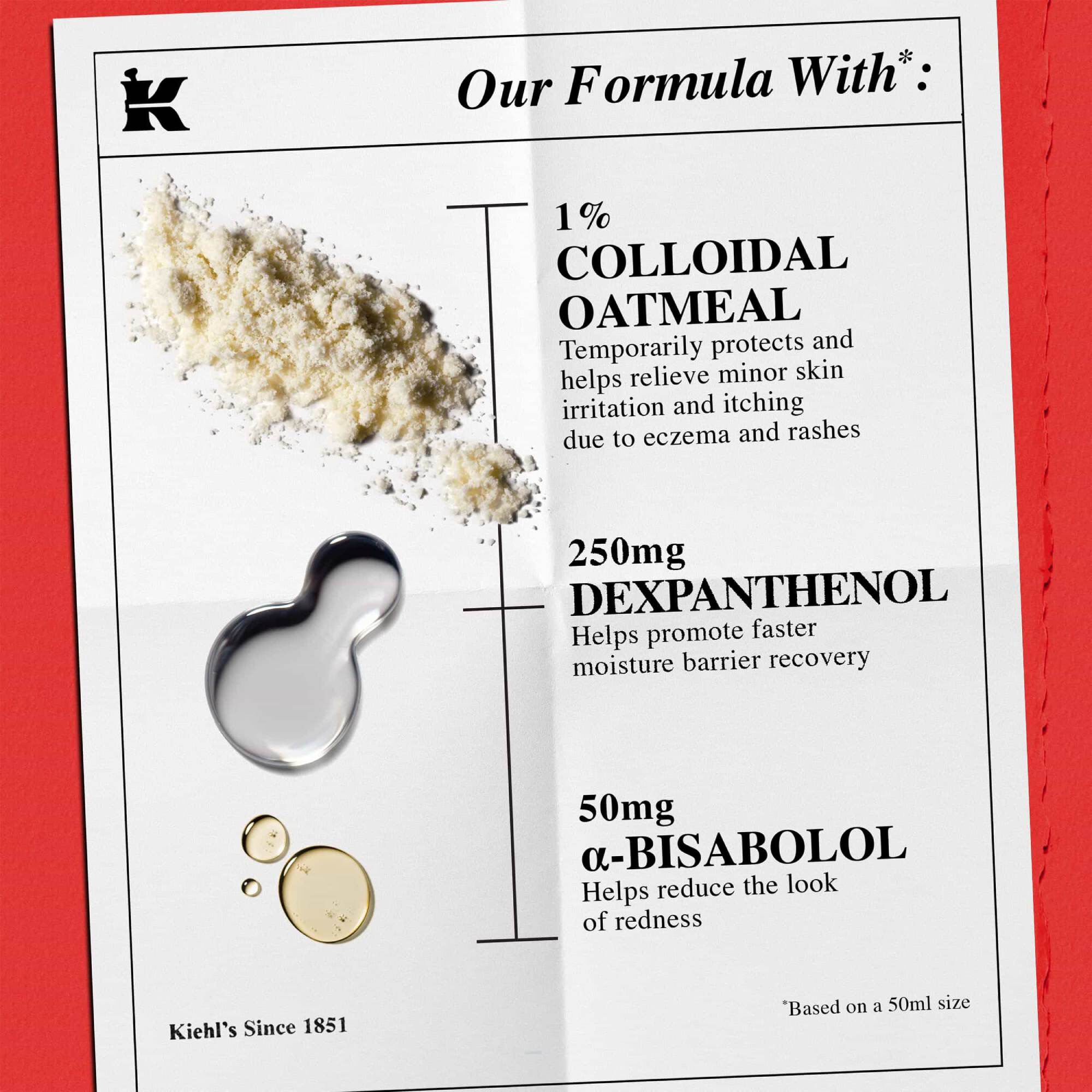 Popis sastojaka: 1 % koloidne zobene kaše (ublažava manje iritacije kože), 250 mg dekspantenola (obnavljanje barijere) i 50 mg α-bisabolola (smanjuje crvenilo).