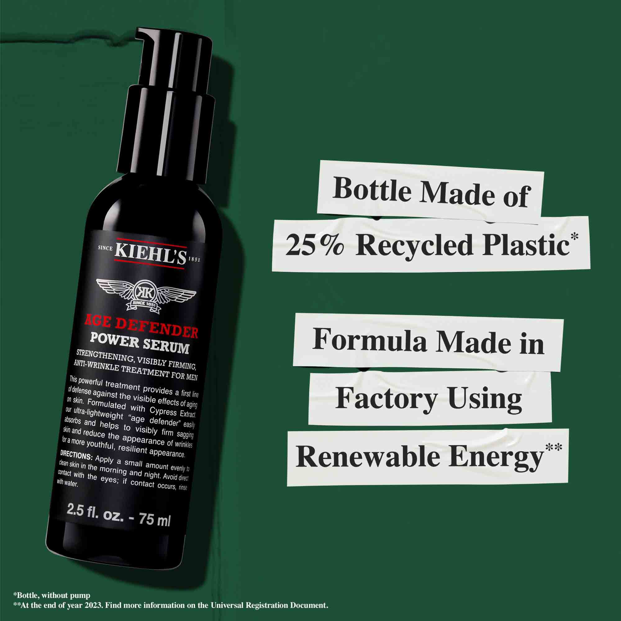 Bočica seruma Age Defender Power izrađena od 25 % reciklirane plastike; formula proizvedena uz obnovljivu energiju.