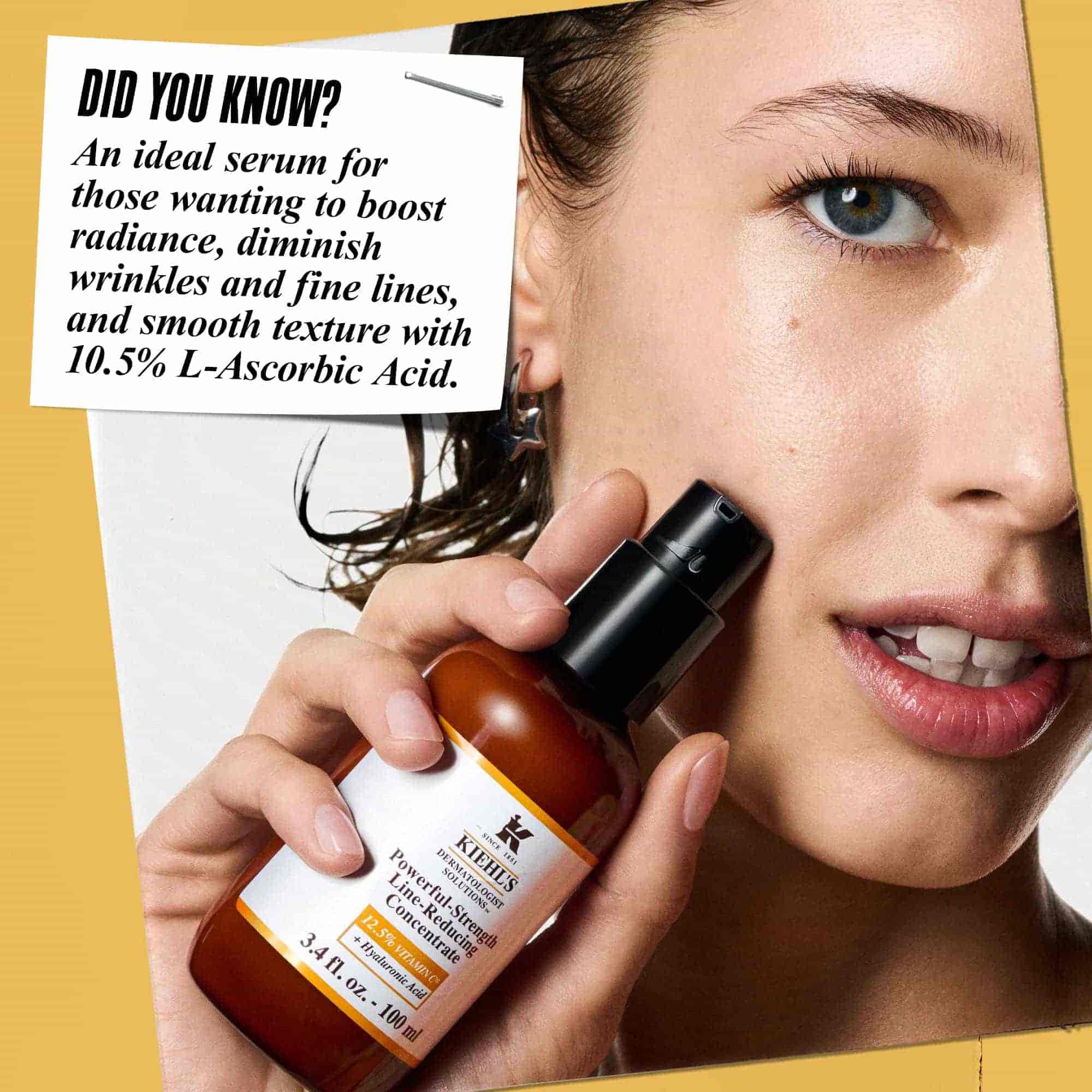 Osoba nanosi Powerful-Strength Line-Reducing Concentrate na lice. Tekst glasi: „Jeste li znali? Savršen za neujednačen ton kože, ovaj visoko učinkovit serum formuliran je s 12,5 % fragmentiranog vitamina C i hijaluronskom kiselinom.”