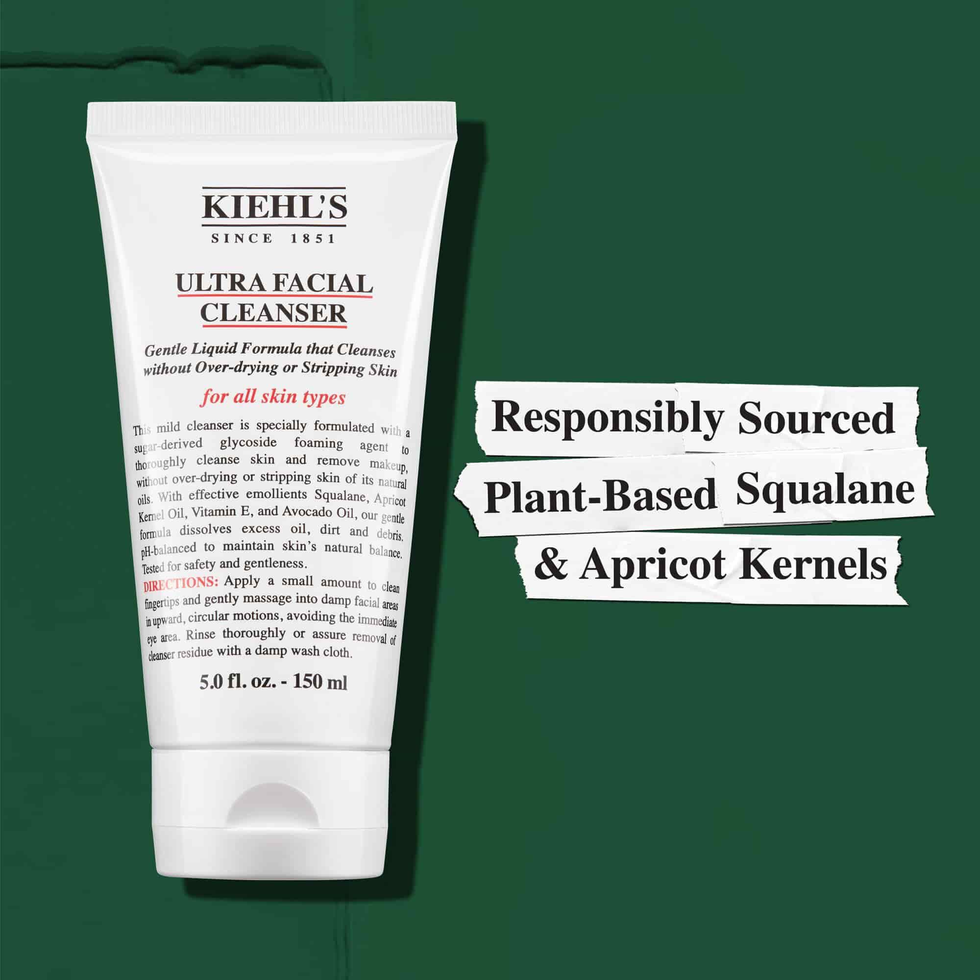 Kiehl's Ultra Facial Cleanser sadrži odgovorno nabavljen biljni skvalan i koštice marelice