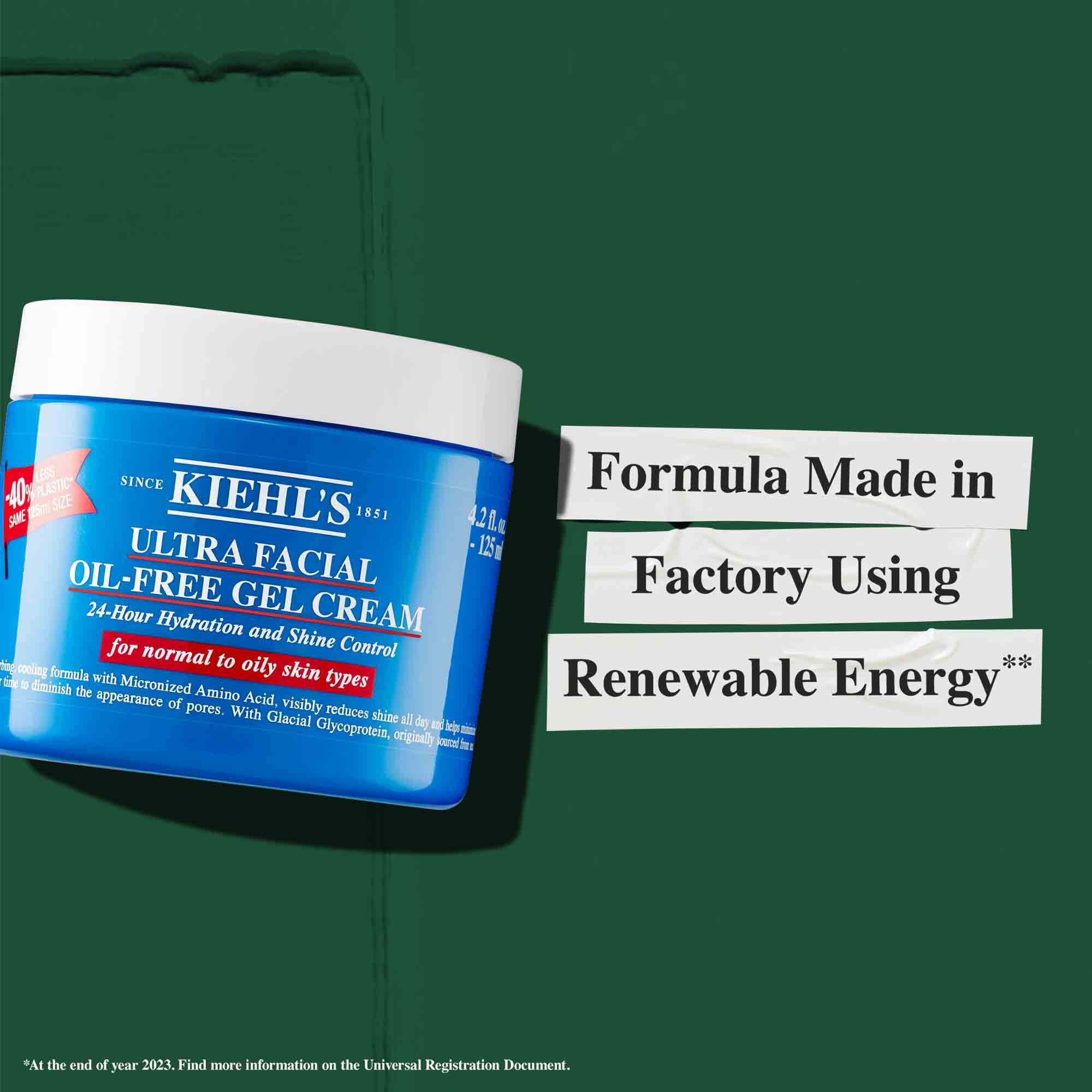 Posudica Ultra Facial Oil-Free Gel Cream s tekstom „Formula proizvedena u tvornici uz obnovljivu energiju.”