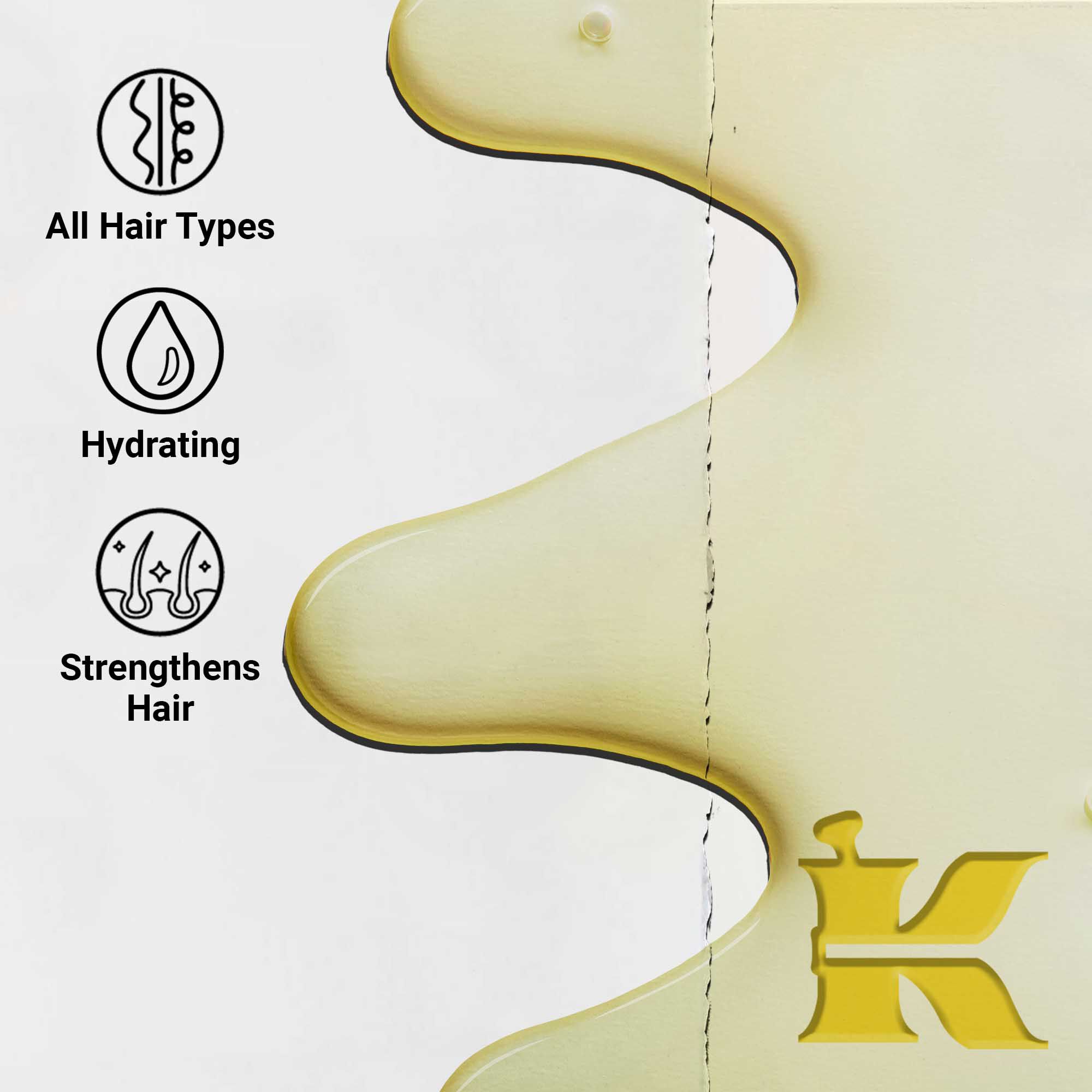 Krupni plan teksture Magic Elixir Hair Oil. Tekst ističe da je hidratantno, lagano i dizajnirano za poboljšanje teksture kose za sve tipove kose.