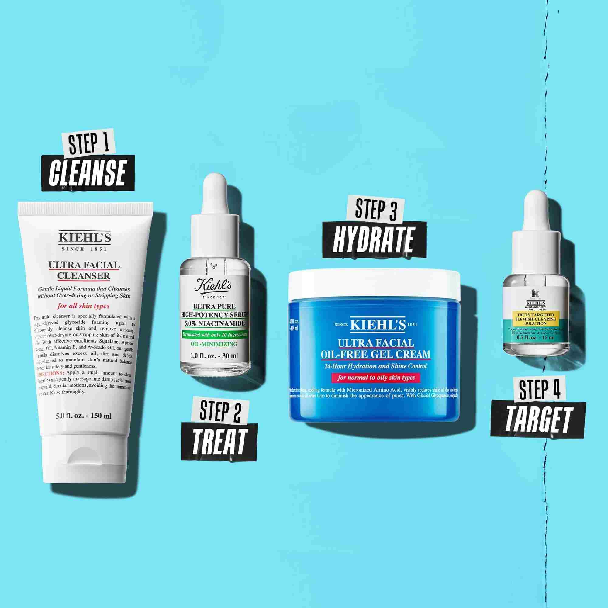 Prikaz rutine koji uključuje Ultra Facial Cleanser, niacinamid, Ultra Facial Oil-Free Gel Cream i otopinu za akne.