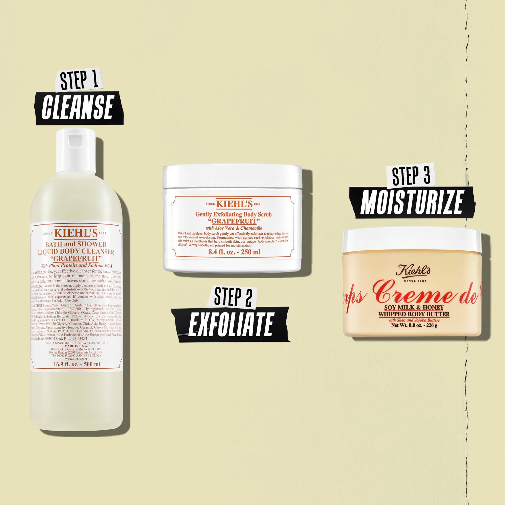 Ilustracija rutine s maslacem za tijelo Creme de Corps Whipped Butter – čišćenje, piling, hidratacija