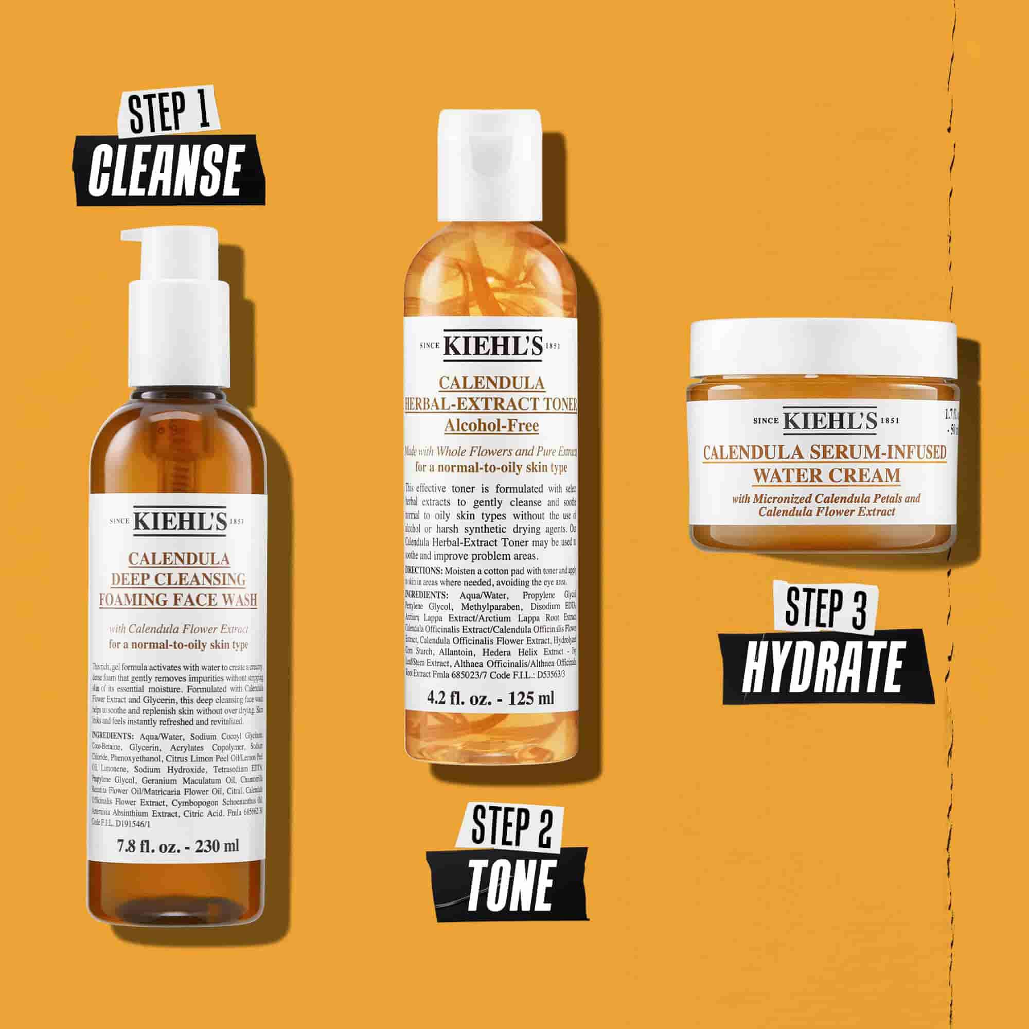 Ilustracija rutine s Kiehl's Calendula Foaming Face Wash gelom – čišćenje, toniranje, hidratacija