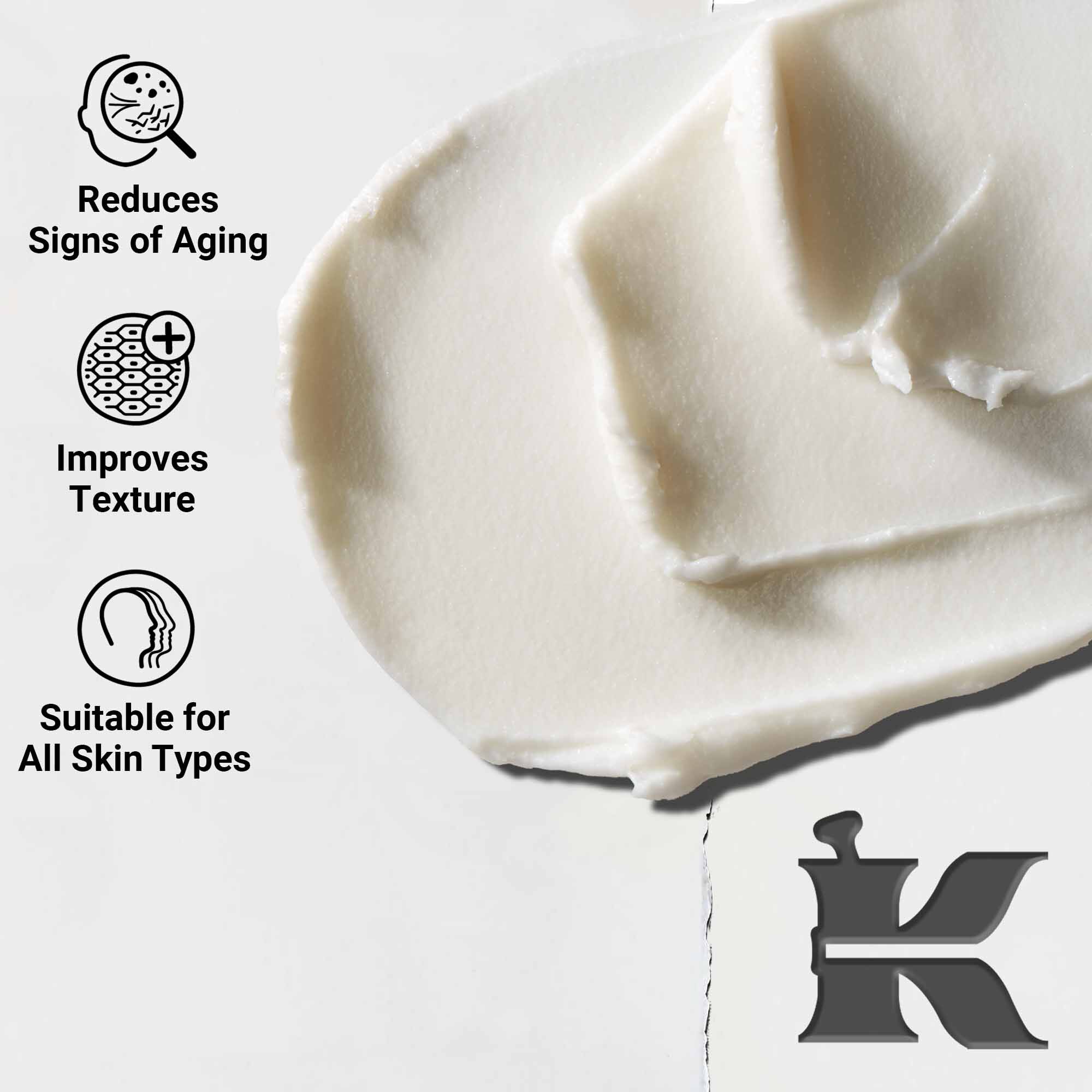 Krupni plan teksture kreme Age Defender Eye Repair; smanjuje znakove starenja i poboljšava teksturu, prikladno za sve tipove kože.