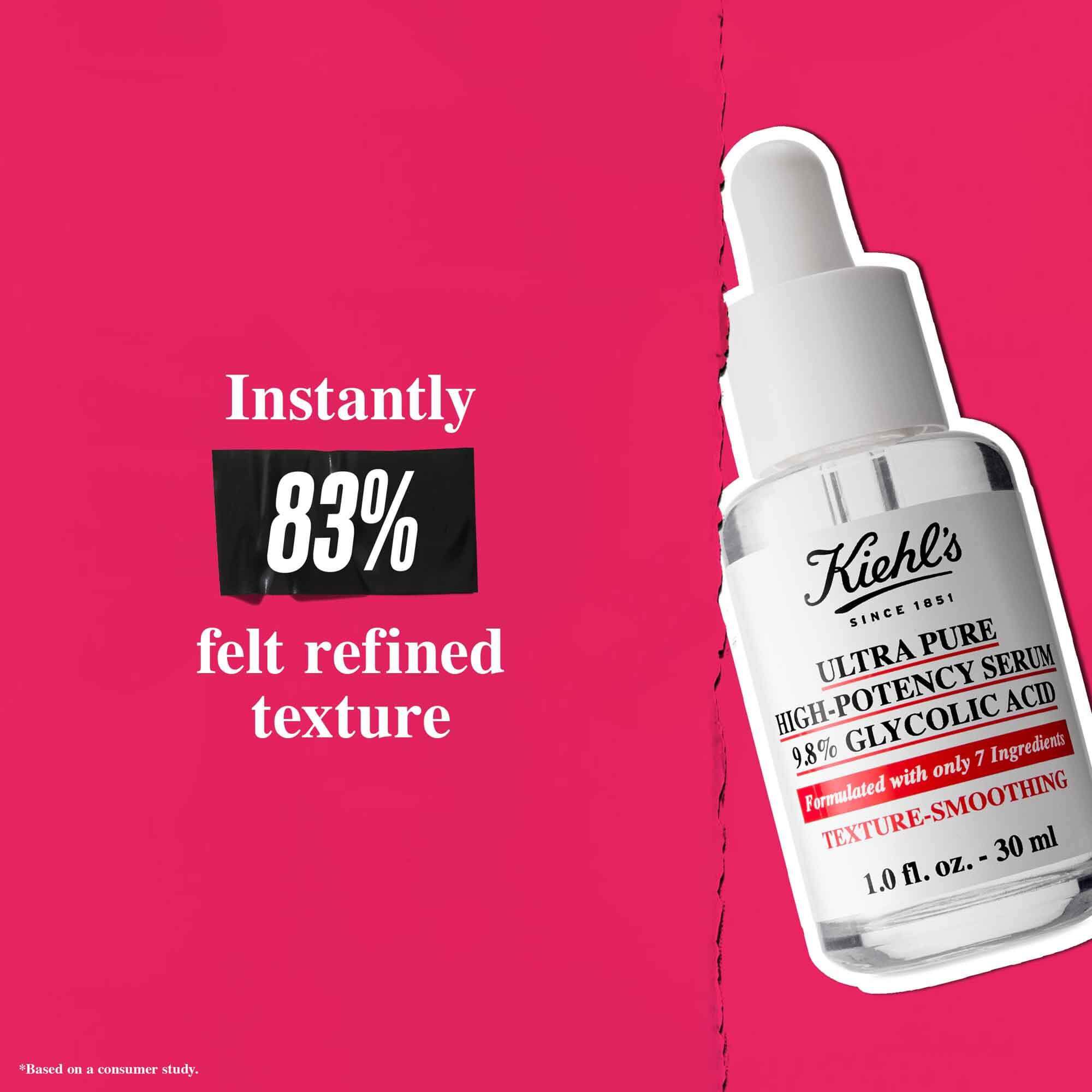 Bočica Ultra Pure 9.8% Glycolic Acid Serum na ružičastoj pozadini s tekstom: „Trenutačno je 83 % osjetilo profinjeniju teksturu.”
