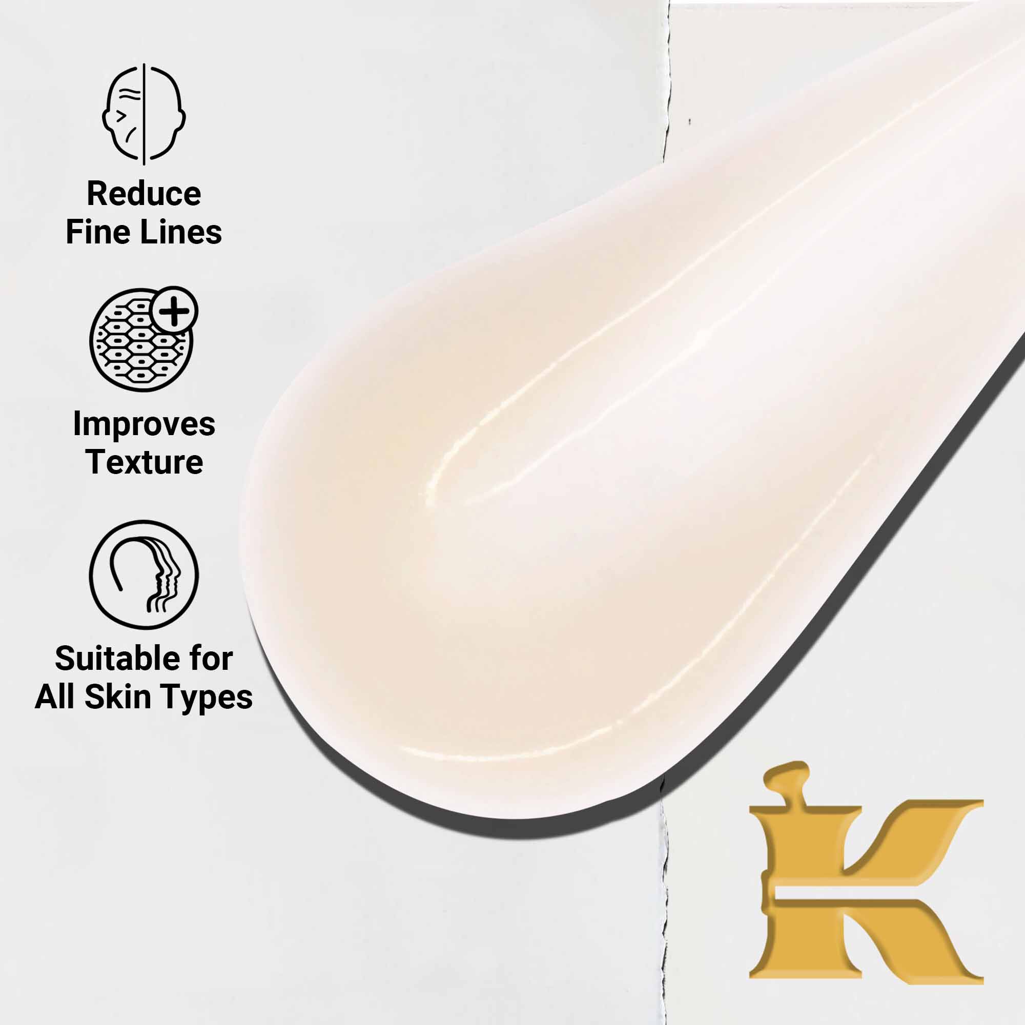 Krupni plan teksture Powerful-Strength Line-Reducing Concentrate. Tekst ističe njegovu sposobnost smanjenja finih linija, poboljšanja teksture i prikladnost za sve tipove kože.