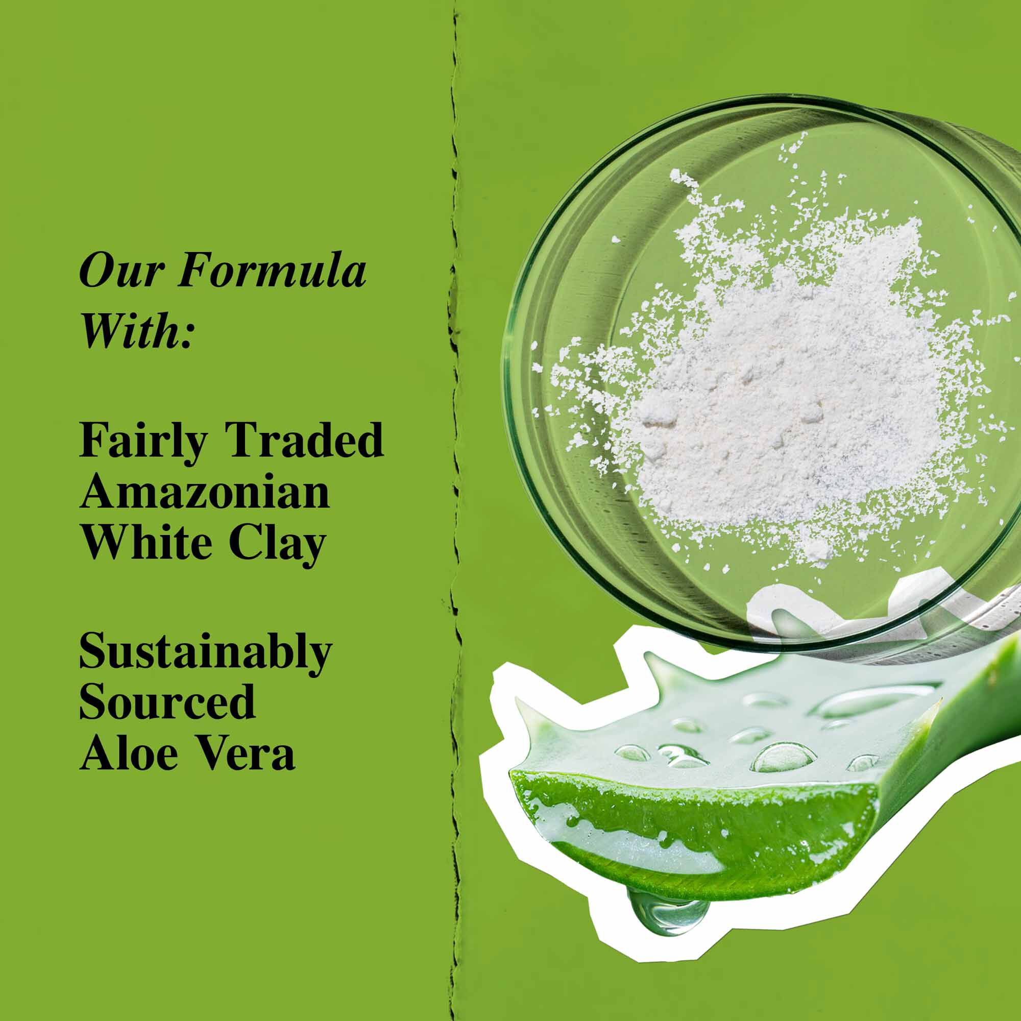 Prikaz ključnih sastojaka: bijela glina i aloe vera.