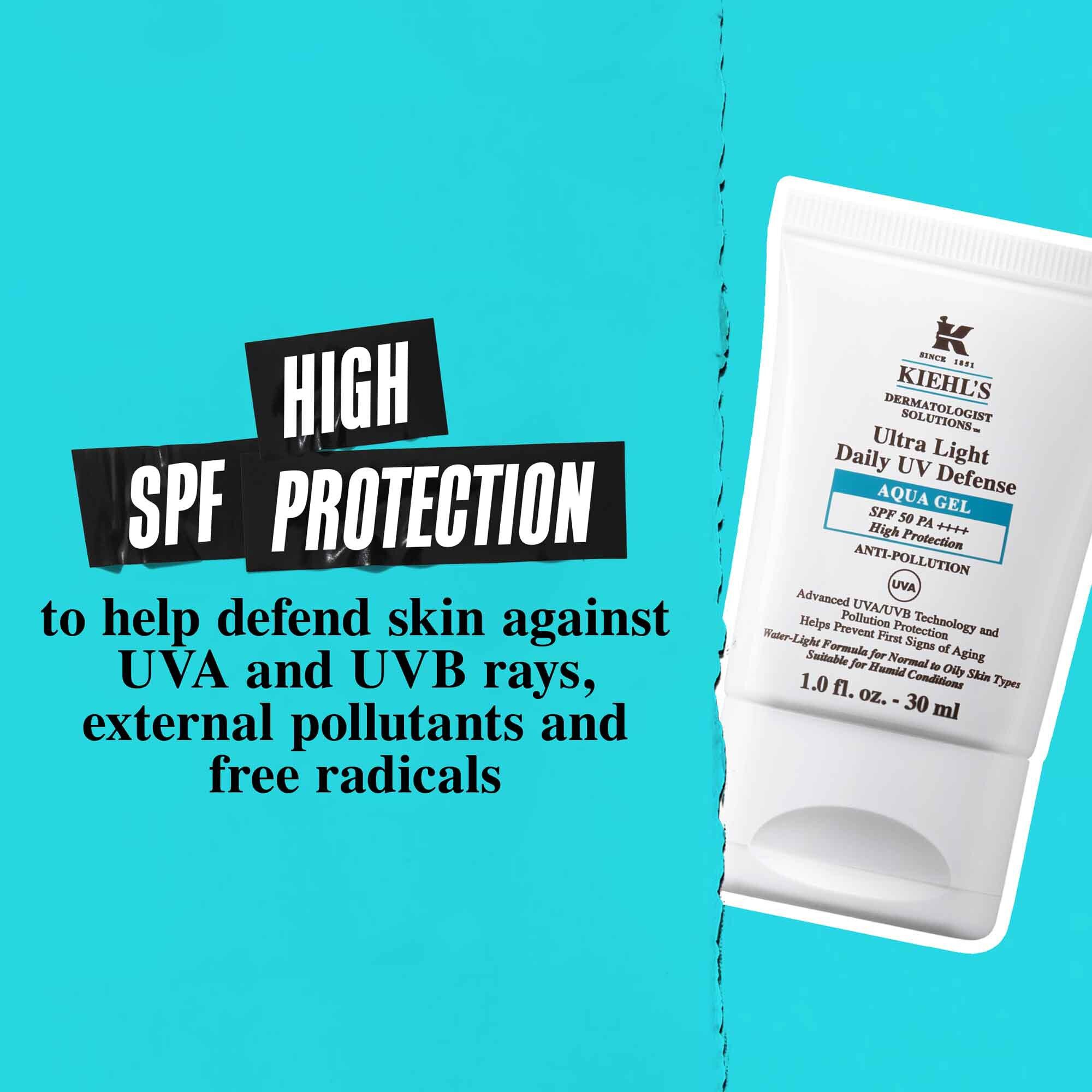 Tuba Ultra Light Daily UV Defense Aqua Gel na plavoj pozadini s tekstom: „Visoka SPF zaštita koja pomaže u obrani kože od UVA i UVB zraka, vanjskih zagađivača i slobodnih radikala.”