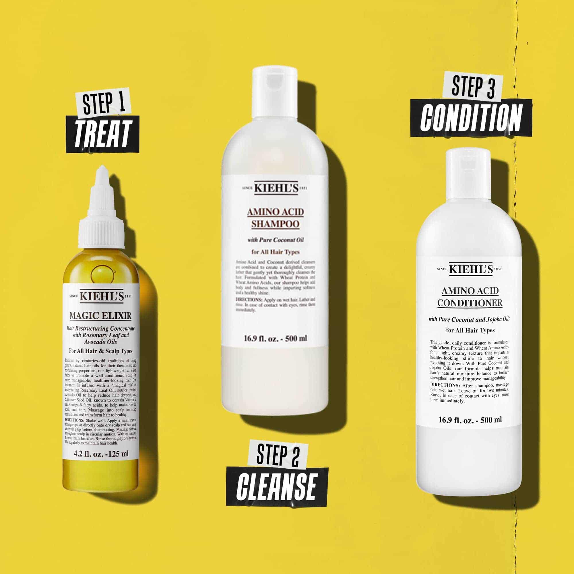 Rutina za kosu u tri koraka s Kiehl's proizvodima. Korak 1: Magic Elixir Hair Oil. Korak 2: Amino Acid Shampoo. Korak 3: Amino Acid Conditioner. Tekst označava svaki korak kao „Tretman”, „Čišćenje” i „Regenerator”.