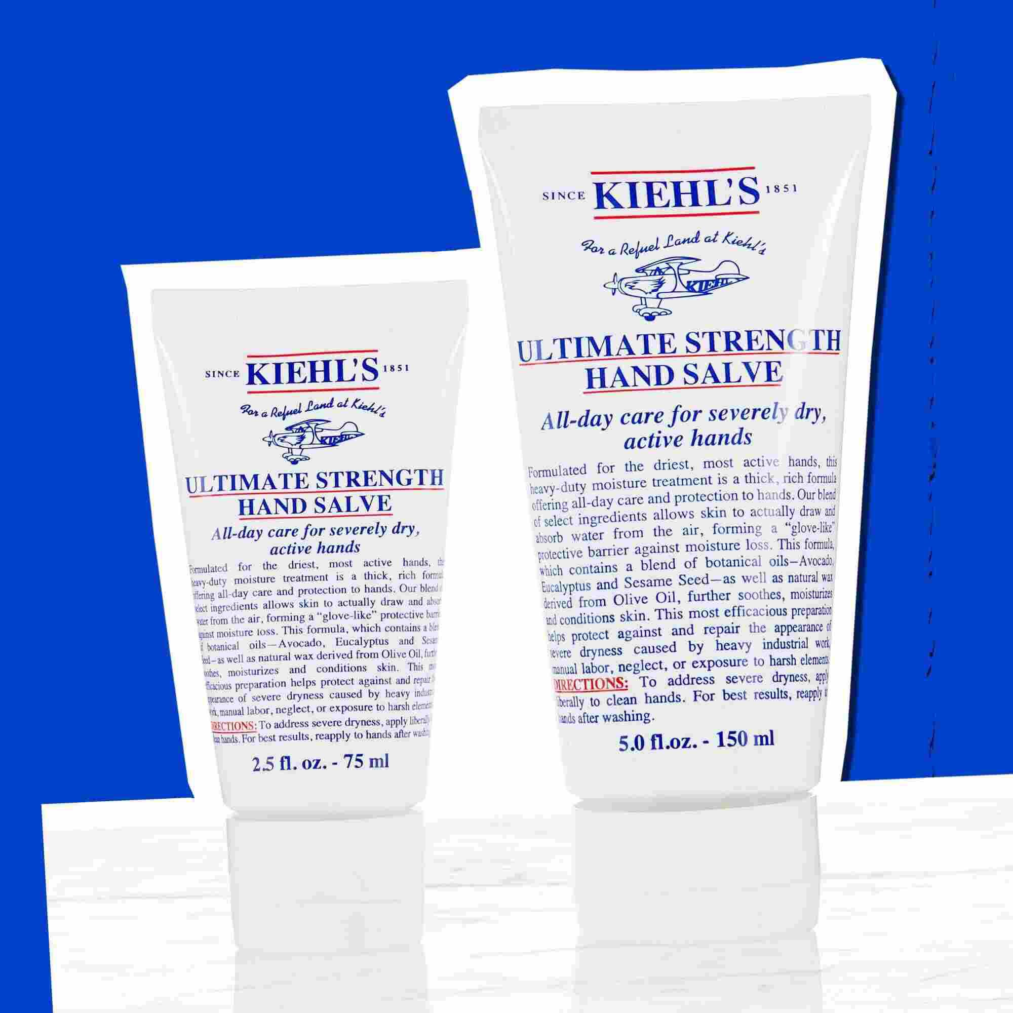 Dvije tube Kiehl's Ultimate Strength Hand Salve koje prikazuju dostupne veličine