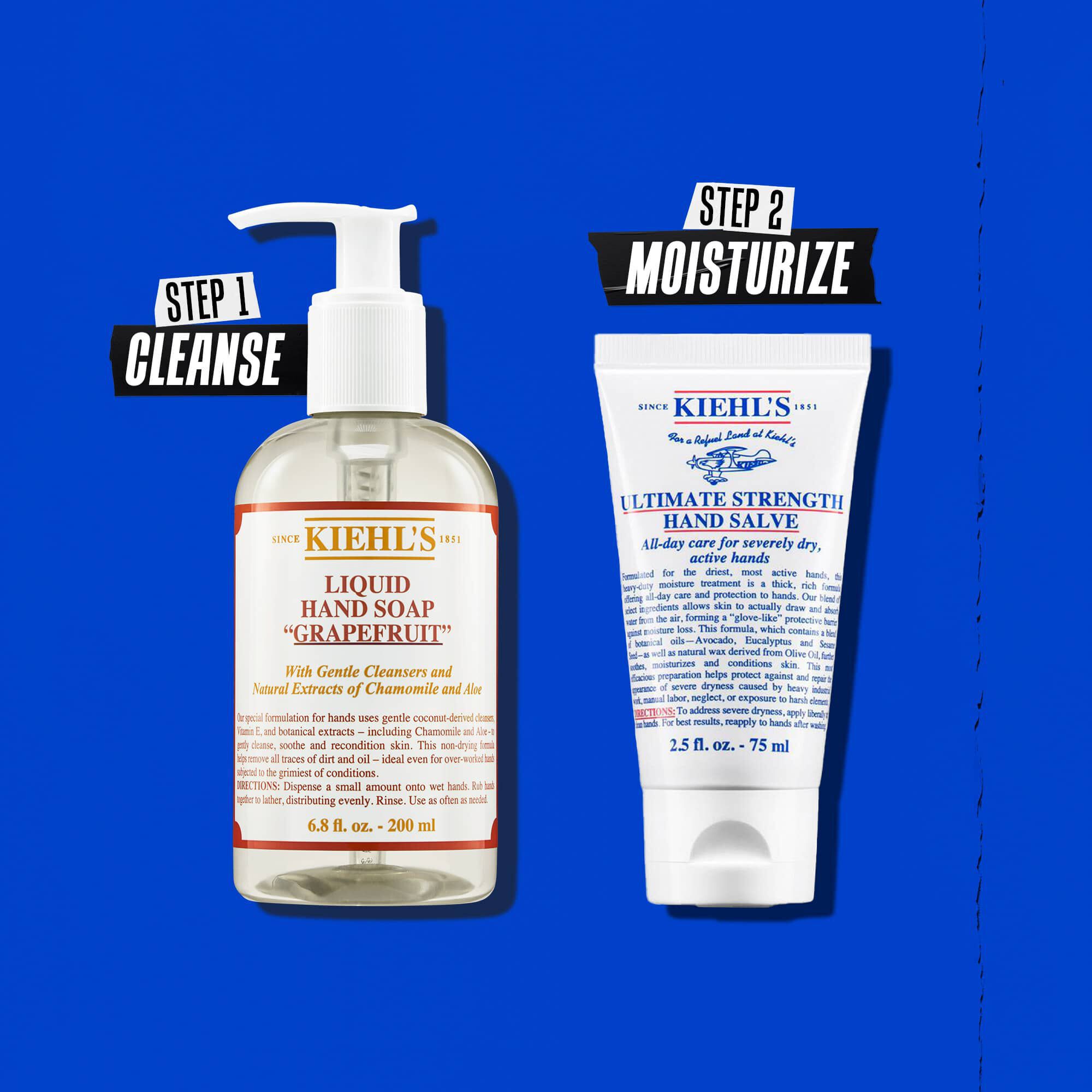 Ilustracija rutine uz Kiehl's Ultimate Strength Hand Salve – čišćenje, hidratacija