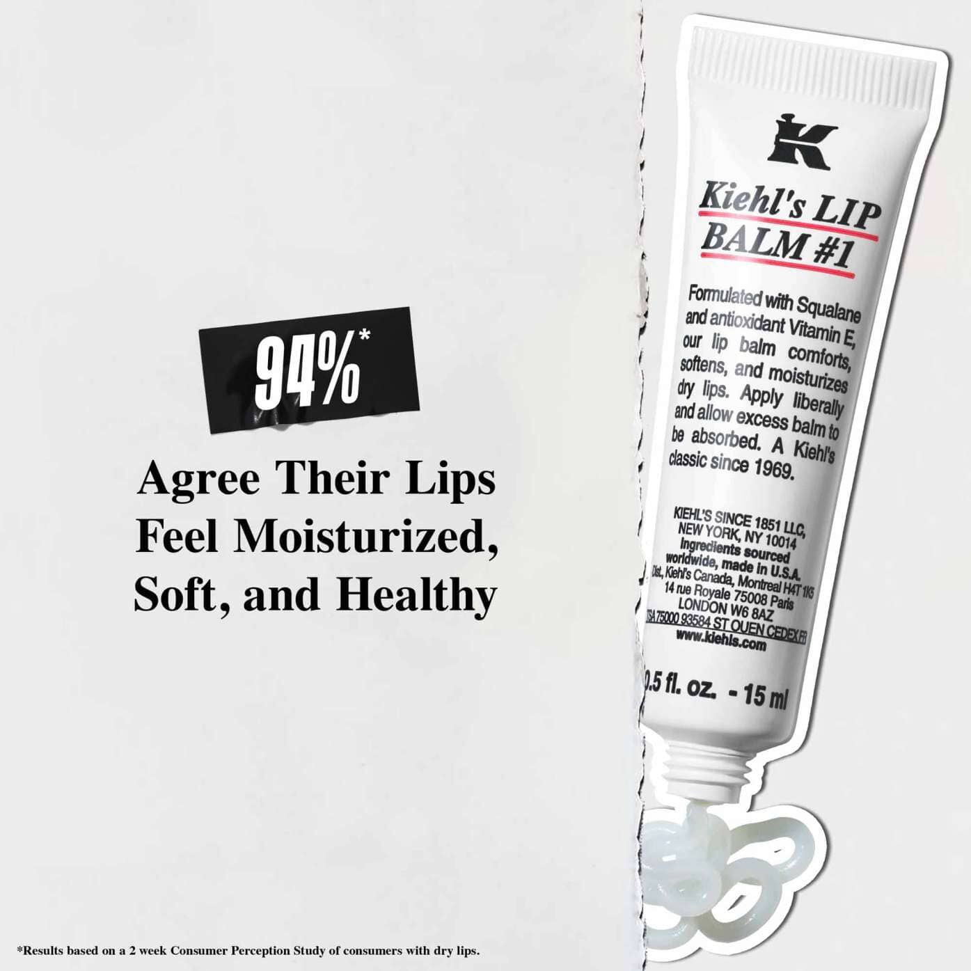 Tuba Lip Balm #1 balzama na bijeloj pozadini s tekstom: „94 % se slaže da su im usne hidratizirane, meke i zdrave.”