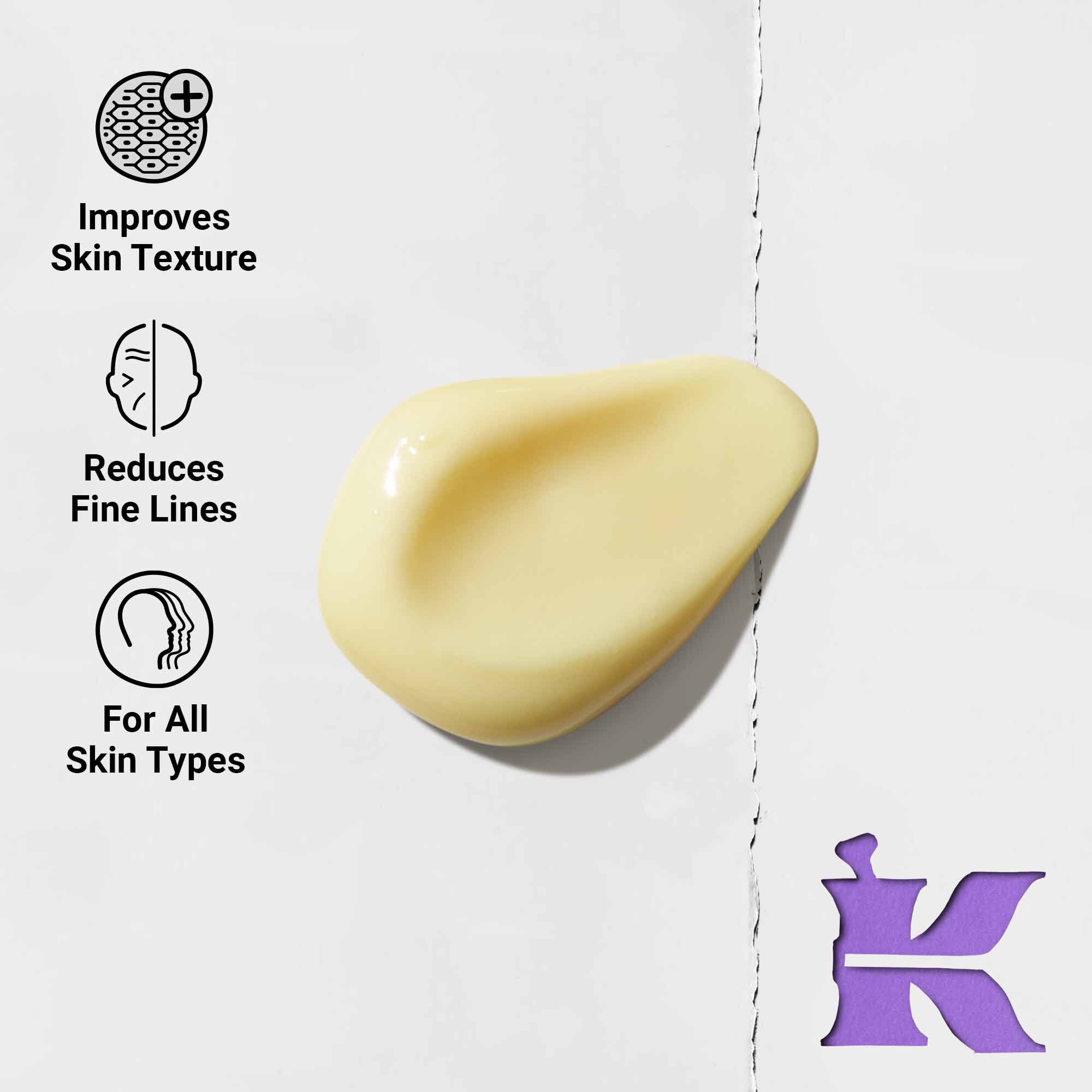 Fotografija teksture s ikonama koje navode da smanjuje fine linije i da je formulirana za sve tipove kože