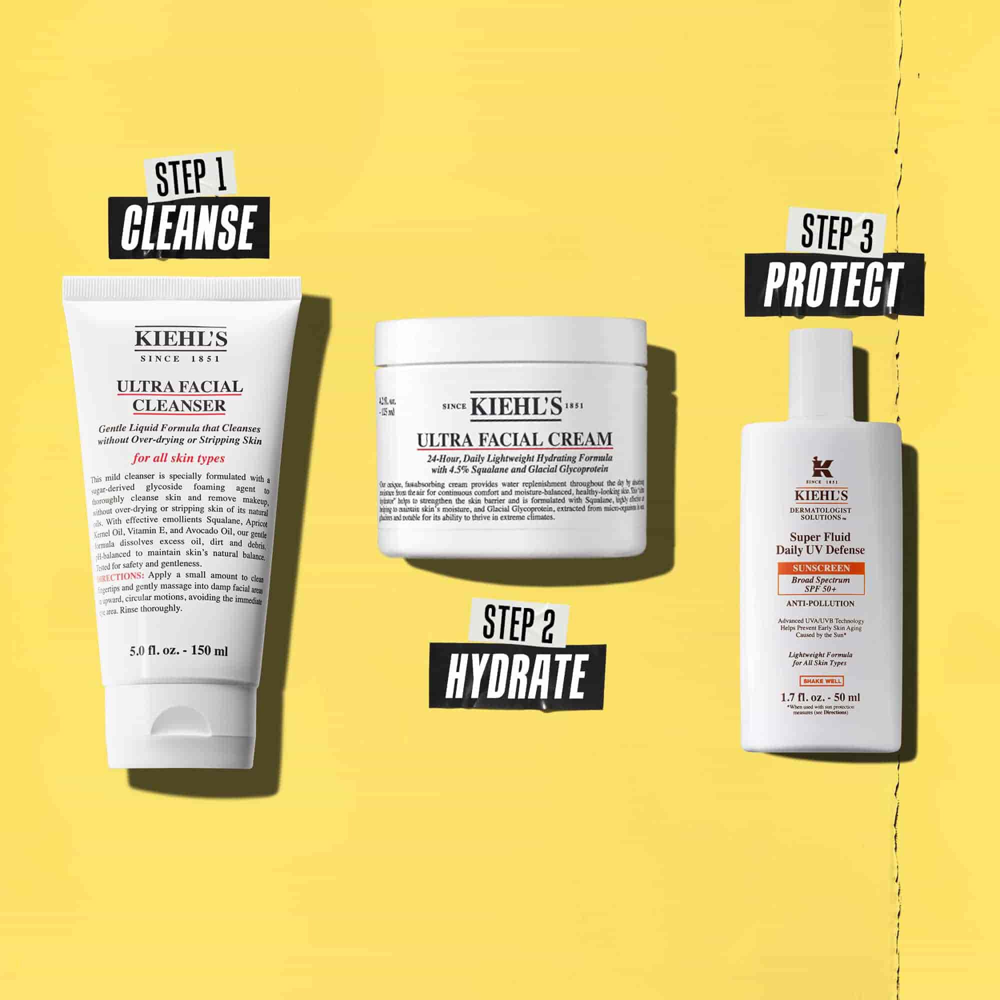 Tri Kiehl's proizvoda koja predstavljaju rutinu. S lijeva na desno: sredstvo za čišćenje, hidratantna krema i krema za sunčanje.