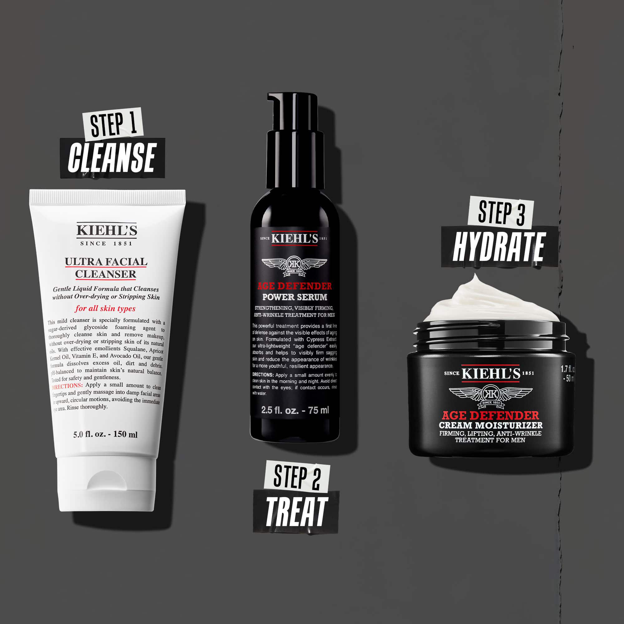 Age Defender rutina u tri koraka: Korak 1: Njega očiju. Korak 2: Hidratantni serum. Korak 3: Obnavljajuća krema.