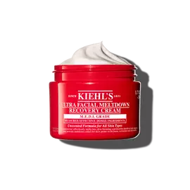 Crvena posudica kreme Kiehl’s Ultra Facial Meltdown Recovery Cream Whip, koja prikazuje pjenastu teksturu.