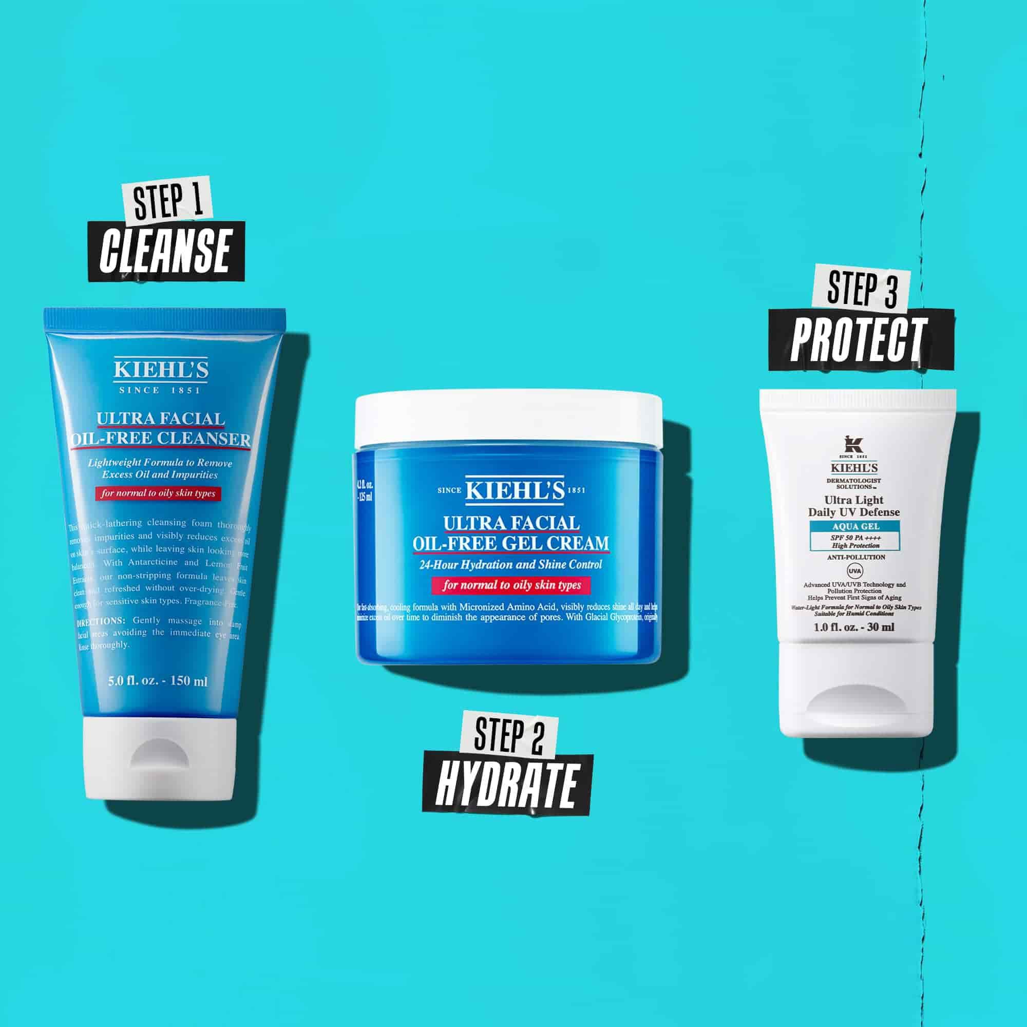 Rutina u tri koraka s Kiehl's proizvodima. Korak 1: Ultra Facial Oil-Free Cleanser. Korak 2: Ultra Facial Oil-Free Gel Cream. Korak 3: Ultra Light Daily UV Defense Aqua Gel.