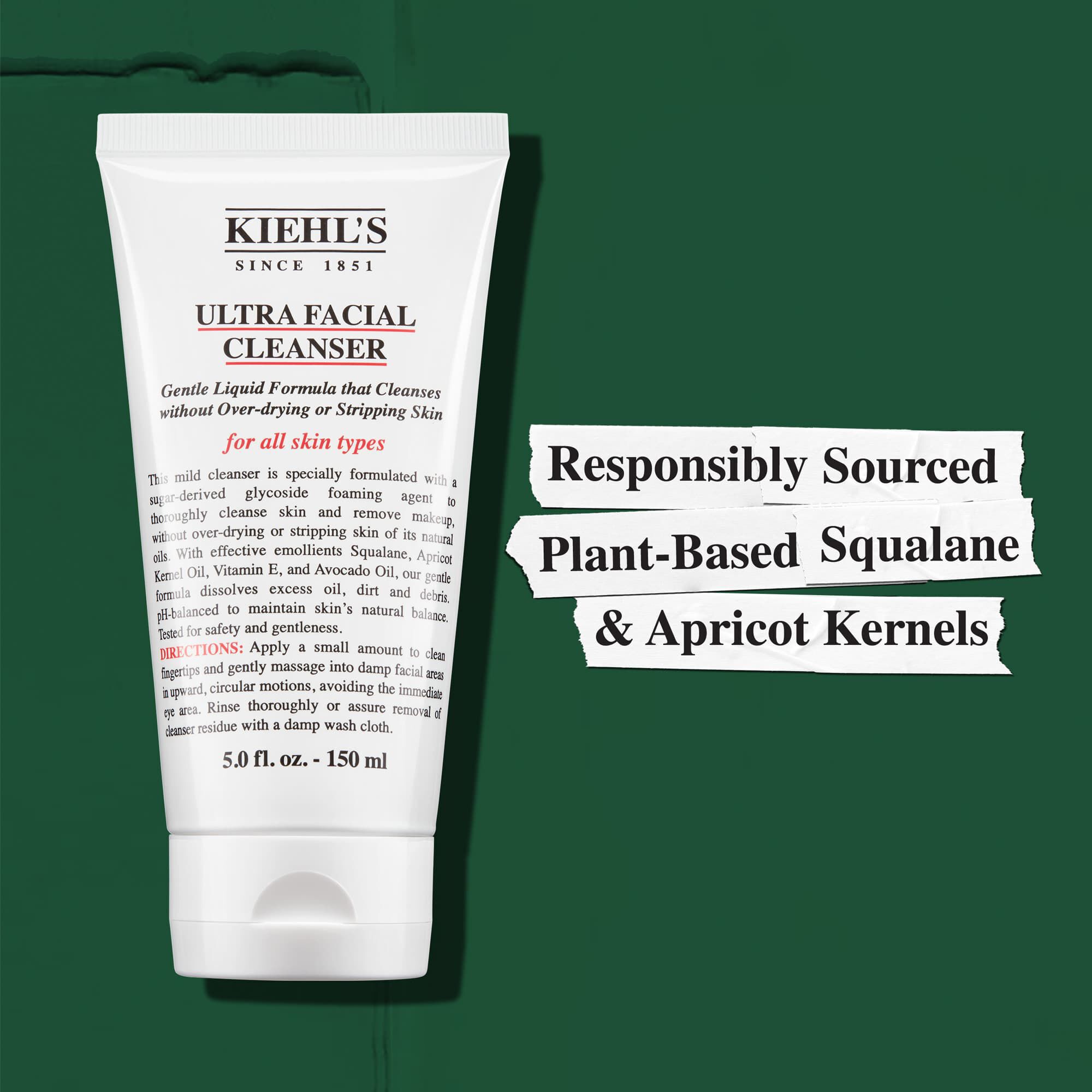 Kiehl's Ultra Facial Cleanser sadrži odgovorno nabavljen biljni skvalan i koštice marelice