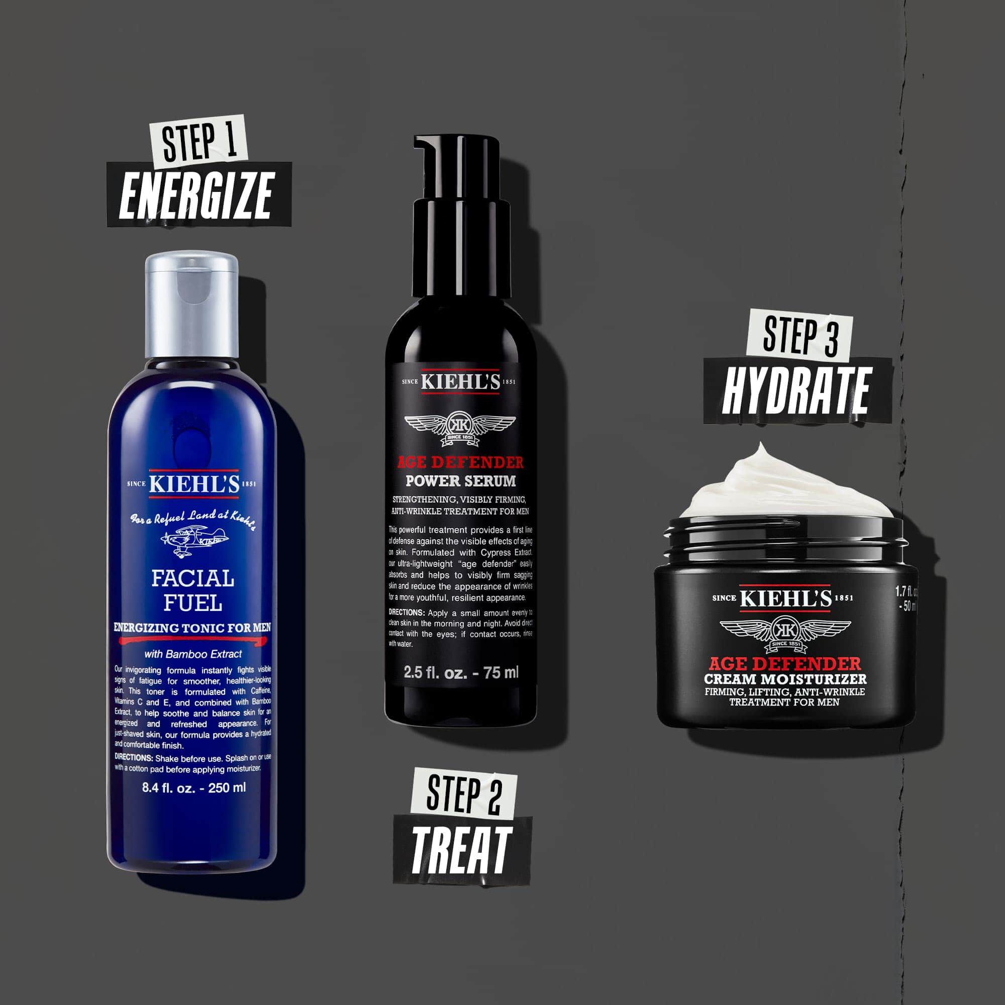 Age Defender rutina u tri koraka: Korak 1: Njega očiju. Korak 2: Hidratantni serum. Korak 3: Obnavljajuća krema.