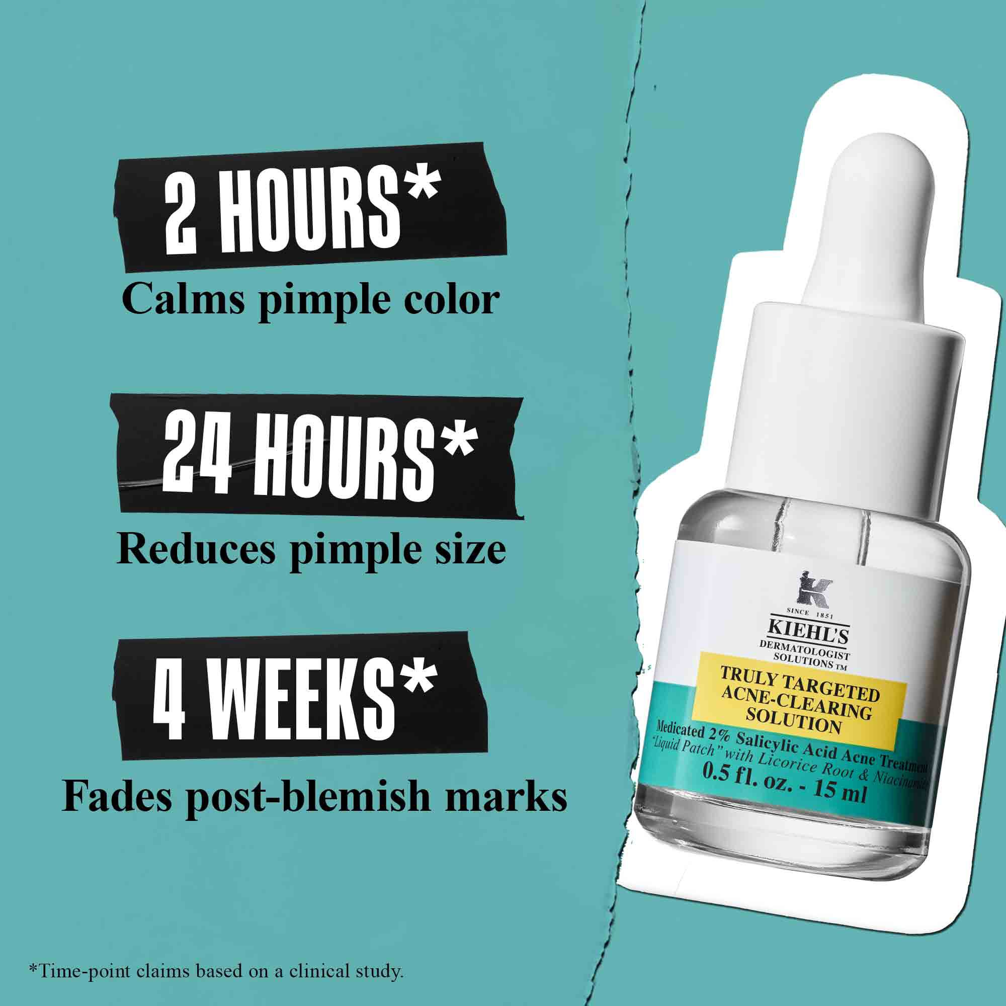 Bočica Truly-Targeted Blemish-Clearing Solution na zelenoj pozadini s tekstom: "2 sata* Umiruje boju prištića", "24 sata* Smanjuje veličinu prištića" i "4 tjedna* Blijedi tragove nakon nepravilnosti".