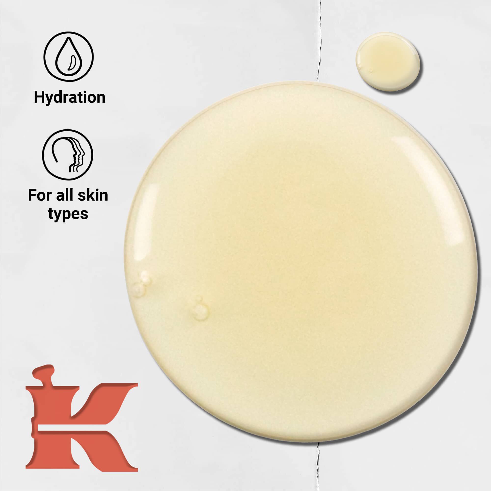 Fotografija teksture tekućeg sredstva za čišćenje tijela s grejpom s ikonama koje navode hidrataciju i da je za sve tipove kože