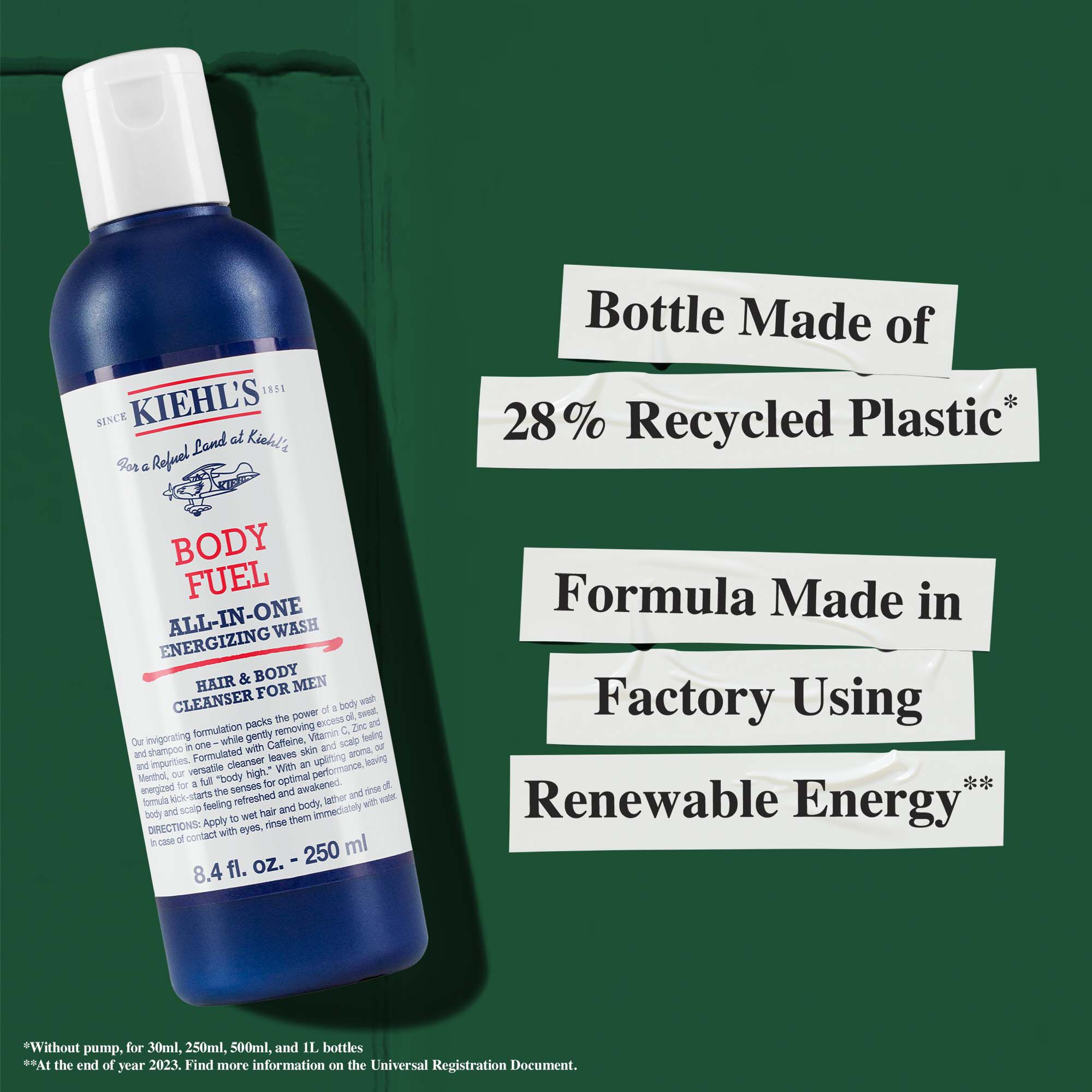 Bočica proizvoda Body Fuel izrađena od 28 % reciklirane plastike; formula proizvedena uz obnovljivu energiju.