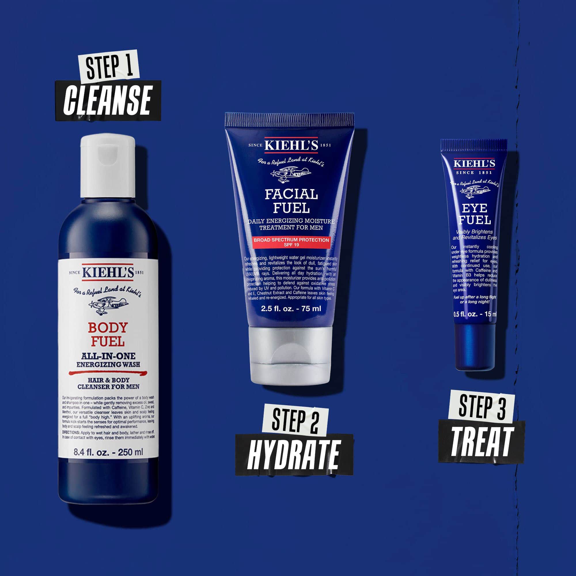 Body Fuel rutina u tri koraka: Korak 1: Pranje. Korak 2: Hidratacija uz Facial Fuel Treatment. Korak 3: Facial Fuel Eye Fuel krema za područje oko očiju.