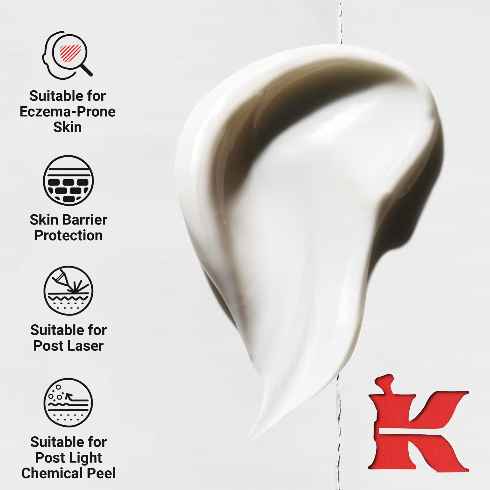 Dinamičan vrtlog guste kreme; ikone ističu prednosti: prikladno za kožu sklonu ekcemima, zaštita kožne barijere, nakon lasera i nakon blagog kemijskog pilinga.