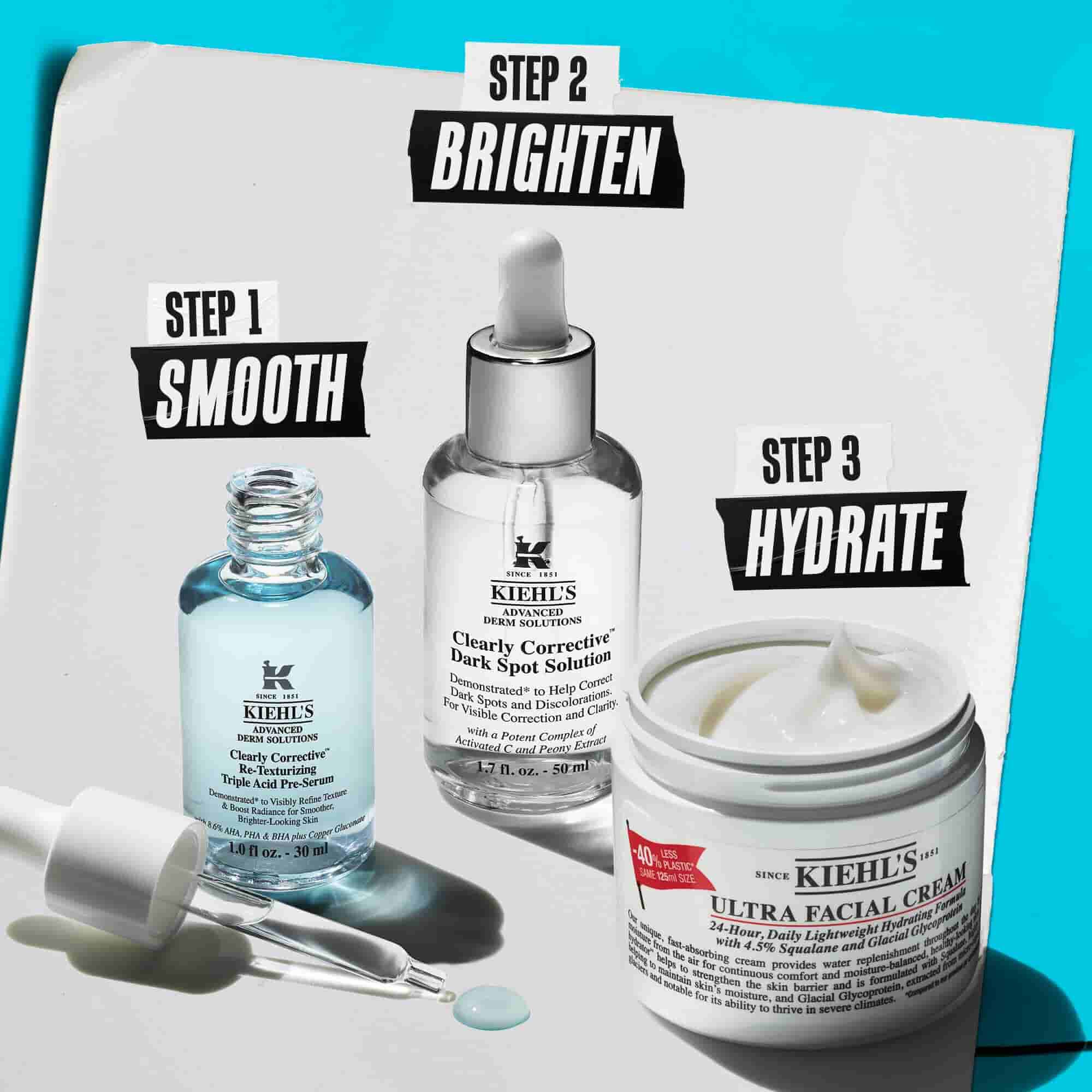 Dva Kiehl's proizvoda na bijeloj površini s plavom pozadinom: Clearly Corrective Triple Acid Peel i Retinol Skin-Renewing Daily Micro-Dose Serum.