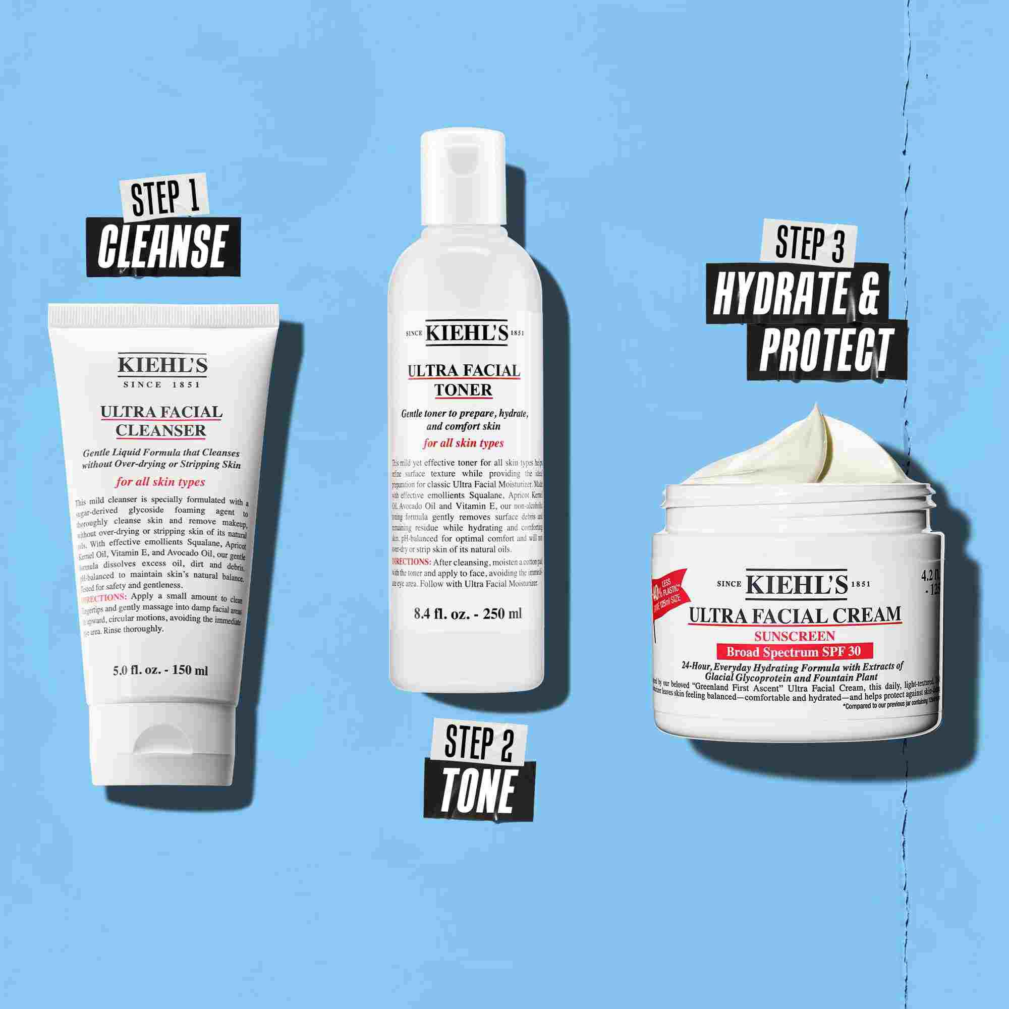 Rutina u tri koraka s Kiehl's proizvodima. Korak 1: Ultra Facial Cleanser. Korak 2: Ultra Facial Toner. Korak 3: Ultra Facial Cream SPF 30.