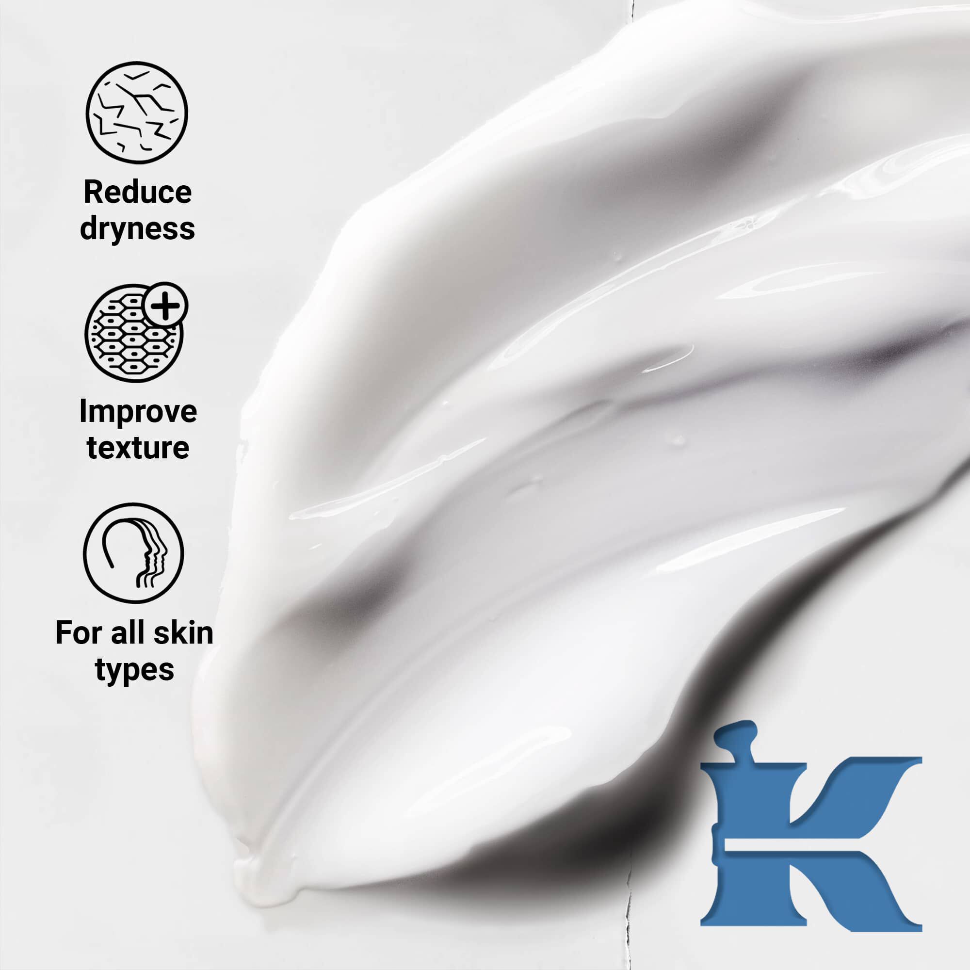 Fotografija teksture proizvoda koja navodi da smanjuje suhoću, poboljšava teksturu i da je za sve tipove kože