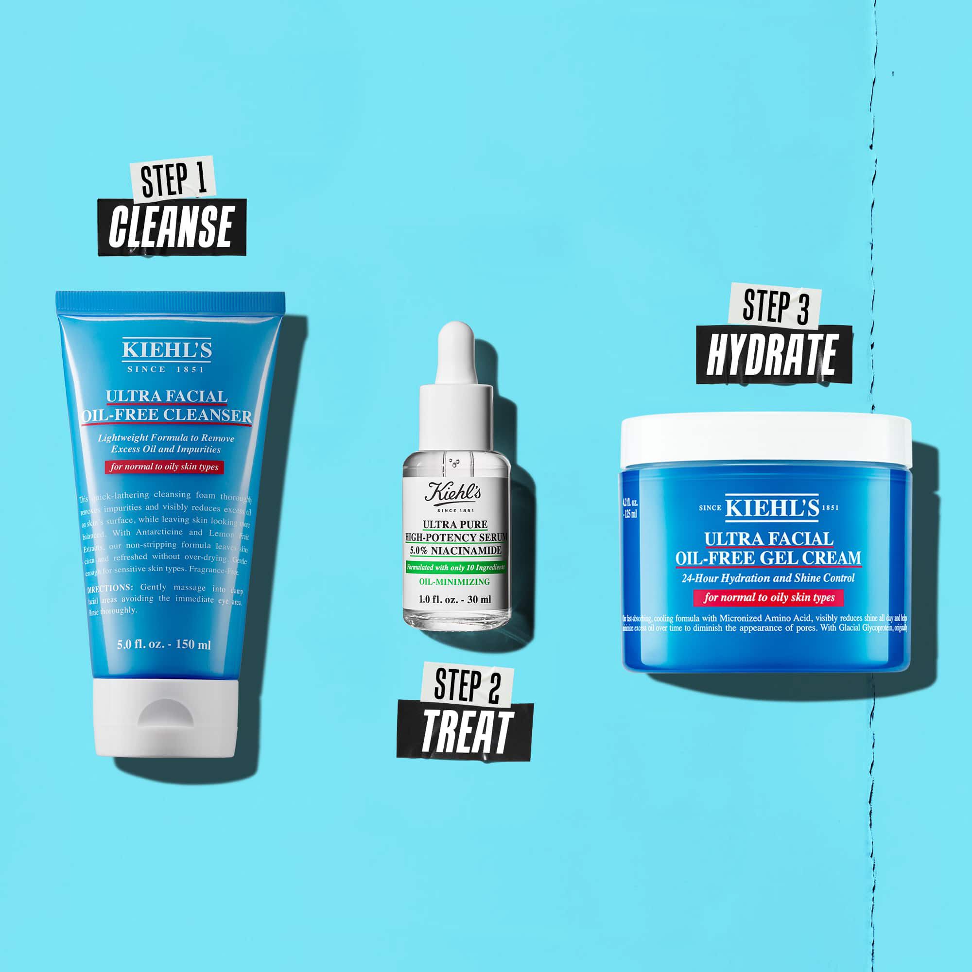 Rutina u tri koraka s Kiehl's proizvodima. Korak 1: Ultra Facial Oil-Free Cleanser. Korak 2: Serum s niacinamidom. Korak 3: Ultra Facial Oil-Free Gel Cream.