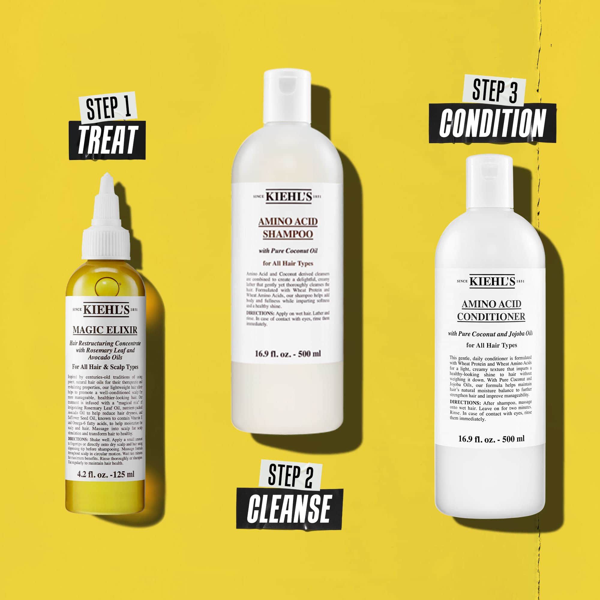 Rutina za kosu u tri koraka s Kiehl's proizvodima. Korak 1: Magic Elixir Hair Oil. Korak 2: Amino Acid Shampoo. Korak 3: Amino Acid Conditioner. Tekst označava svaki korak kao „Tretman”, „Čišćenje” i „Regenerator”.