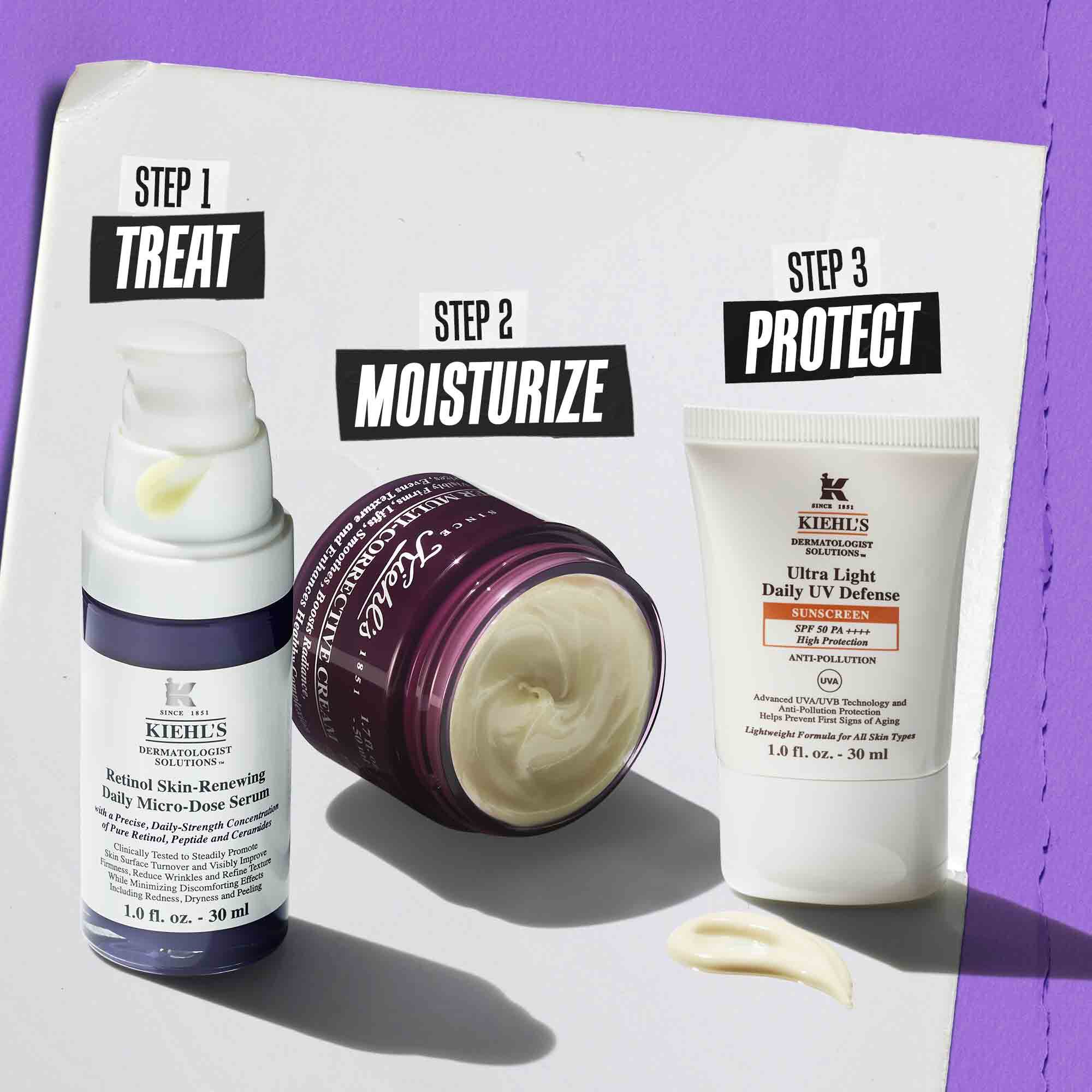 Ilustracija rutine uz Retinol Skin Renewing Daily Microdose – čišćenje, njega, njega očiju, zaštita