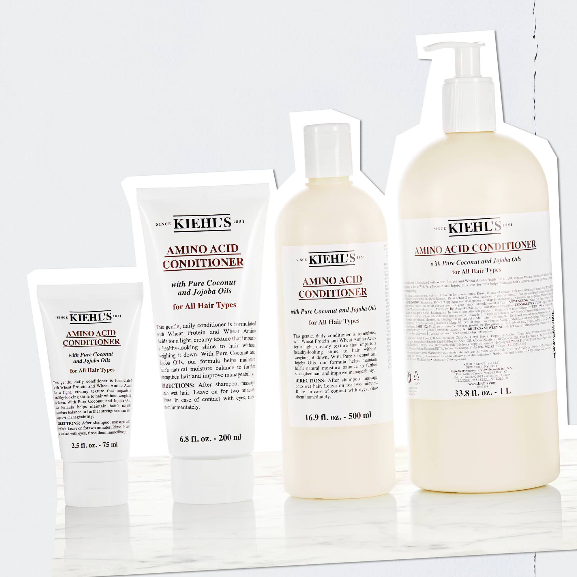 Kiehl's Amino Acid Conditioner boce u veličinama od 2,5 fl. oz. – 75 ml do 33,8 fl. oz. – 1 L