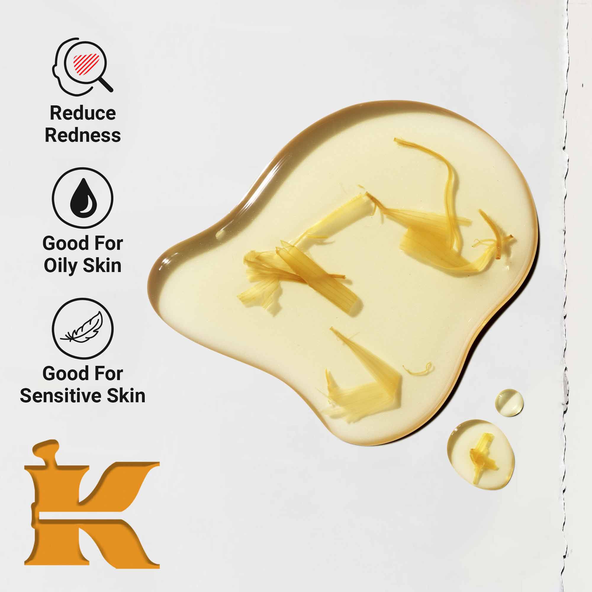 Krupni plan teksture Calendula Herbal-Extract tonera koji prikazuje trag tekućine s laticama nevena. Tekst ističe prednosti smanjenja crvenila i prikladnost za masnu i osjetljivu kožu.