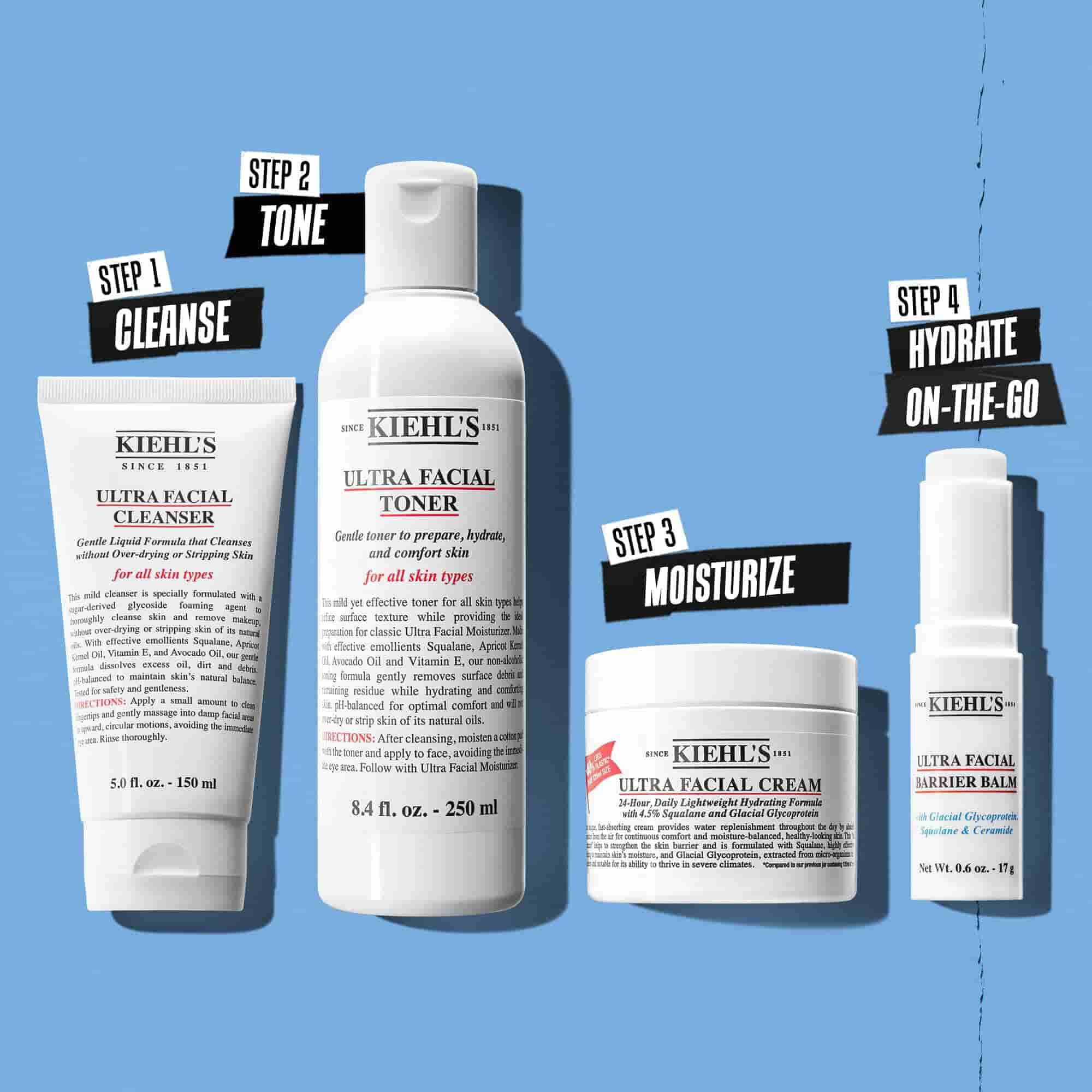 Ilustracija rutine s Kiehl's Ultra Facial Cleanserom – čišćenje, toniranje, hidratacija, hidratacija u pokretu