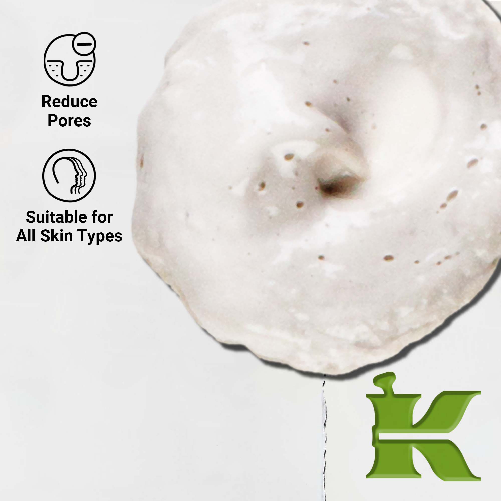 Krupni plan teksture Rare Earth Deep Pore Daily Cleanser. Tekst ističe dubinsko čišćenje pora i prikladnost za sve tipove kože.