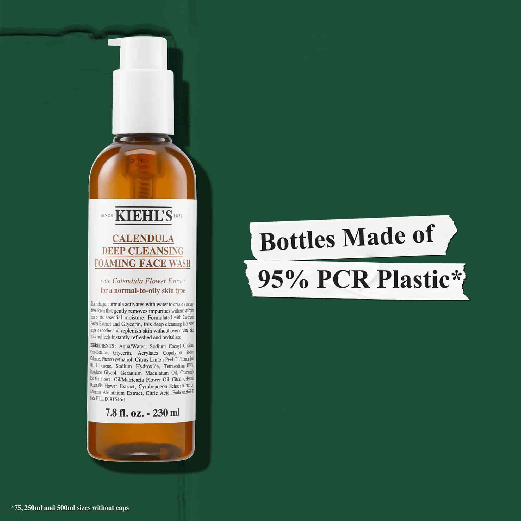 Bočice Kiehl's Calendula Foaming Face Wash gela izrađene su od 95 % reciklirane plastike (PCR)