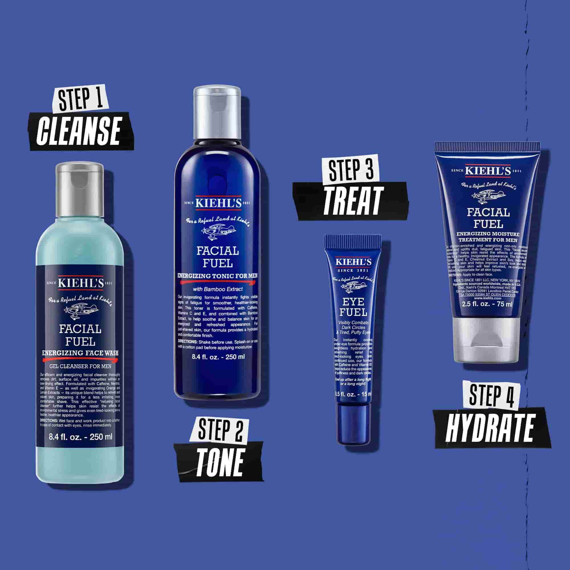 Ilustracija rutine s Facial Fuelom – čišćenje, toniranje, njega, hidratacija