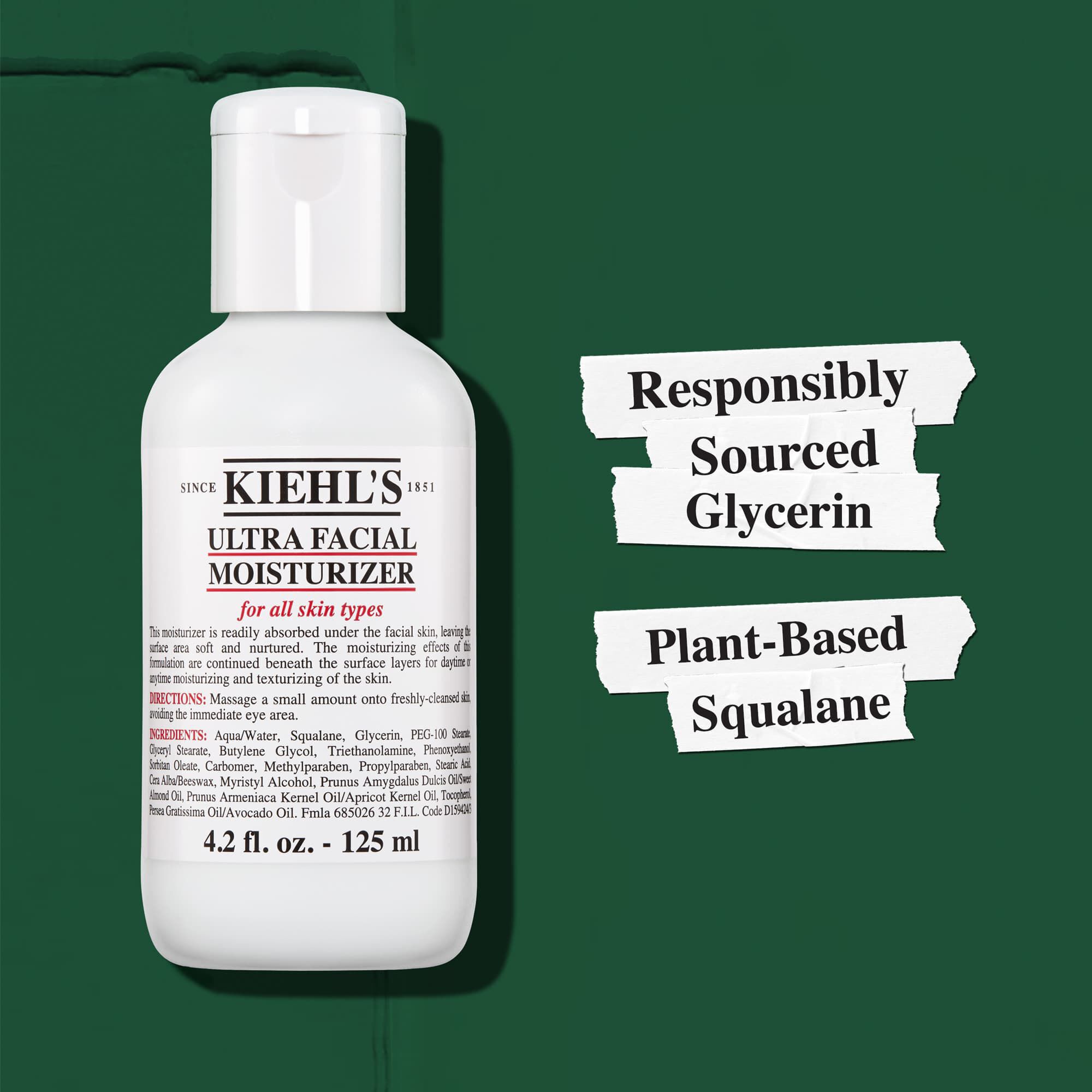 Kiehl's Ultra Facial Moisturizer sadrži odgovorno nabavljen glicerin i skvalan biljnog podrijetla