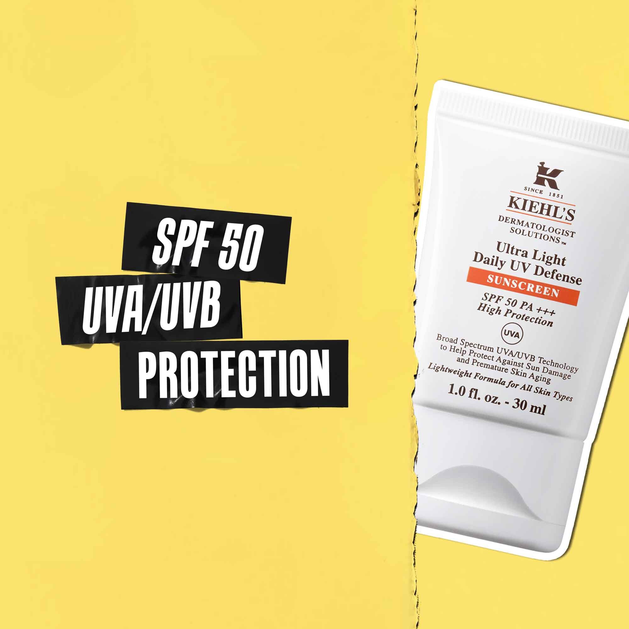 Istaknuta zaštita SPF 50 UVA/UVB na crnoj traci sa slikom tube Ultra-Light Daily UV Defense pored nje.