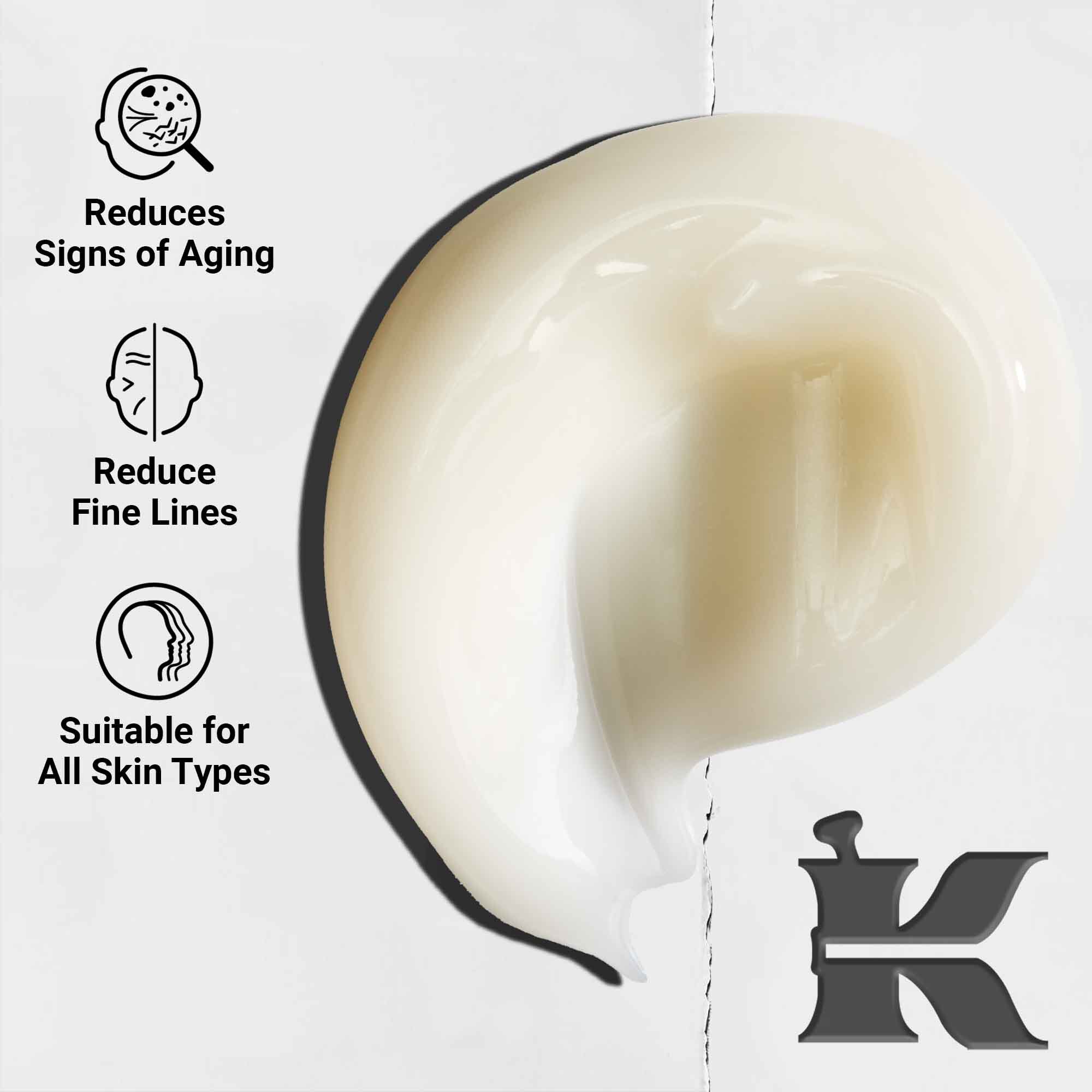 Krupni plan teksture Kiehl's Age Defender Power seruma; lagana formula, smanjuje znakove starenja i fine linije, prikladno za sve tipove kože.