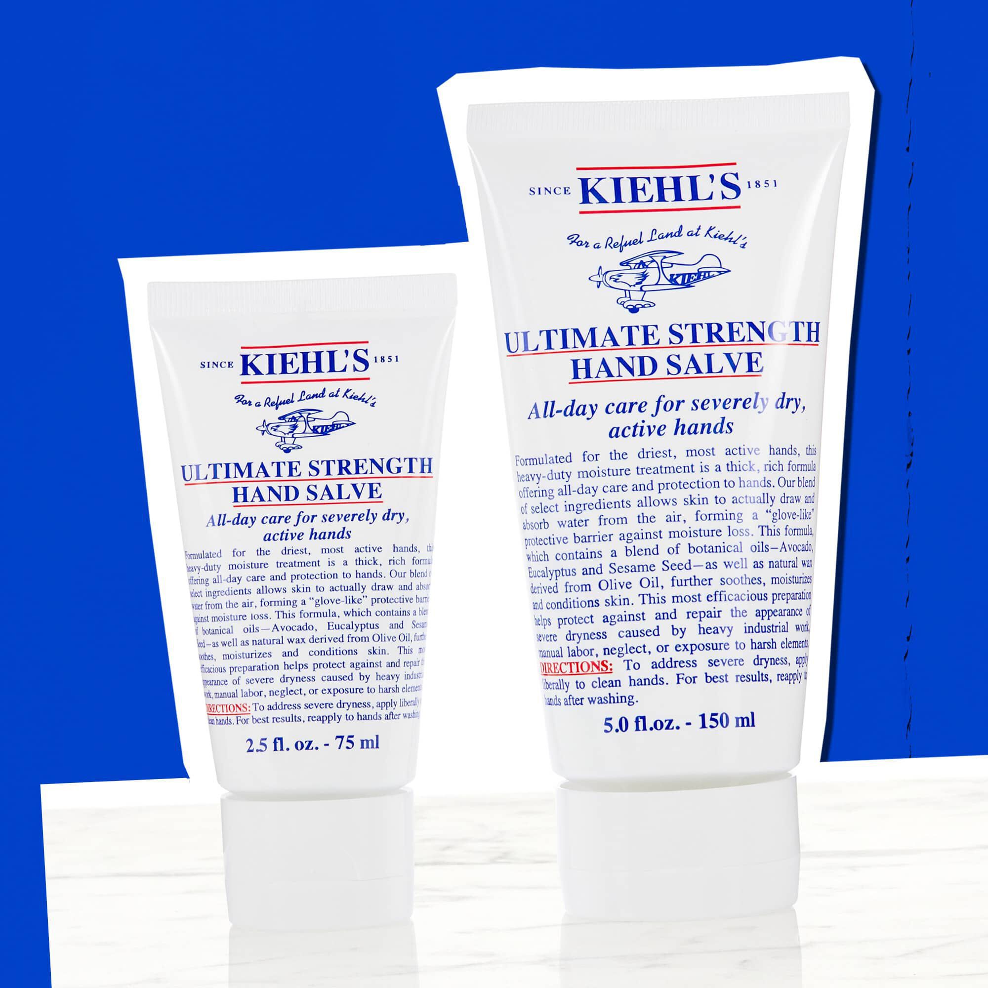 Dvije tube Kiehl's Ultimate Strength Hand Salve koje prikazuju dostupne veličine
