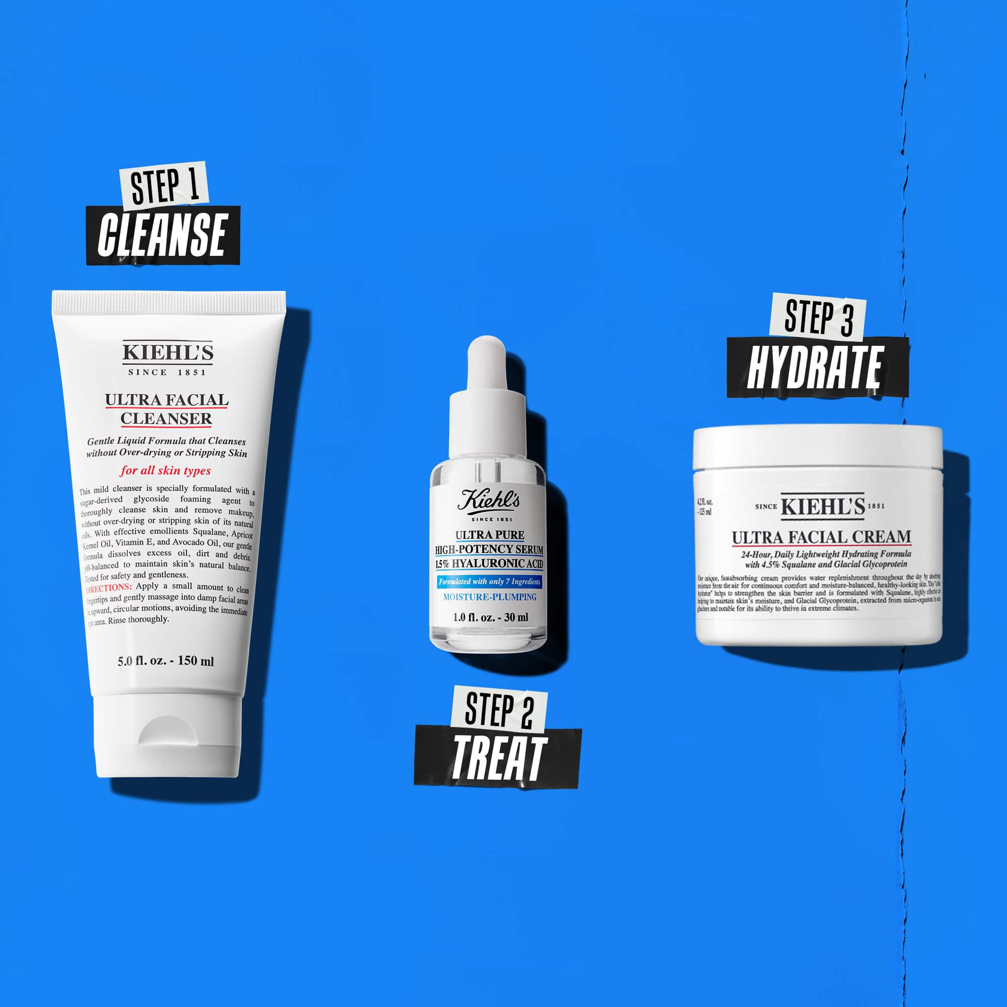 Rutina u tri koraka s Kiehl's proizvodima. Korak 1: Ultra Facial Cleanser. Korak 2: Serum s hijaluronskom kiselinom. Korak 3: Ultra Facial Cream.