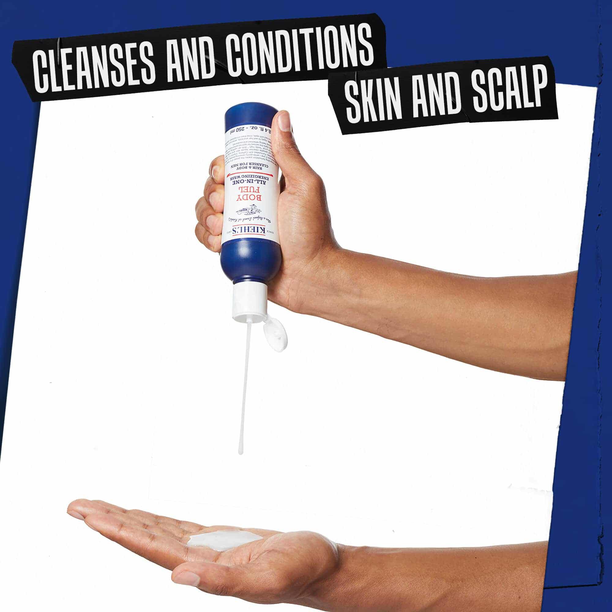 Ruka dozira Body Fuel All-In-One Energizing Wash; čisti i njeguje kožu i vlasište.