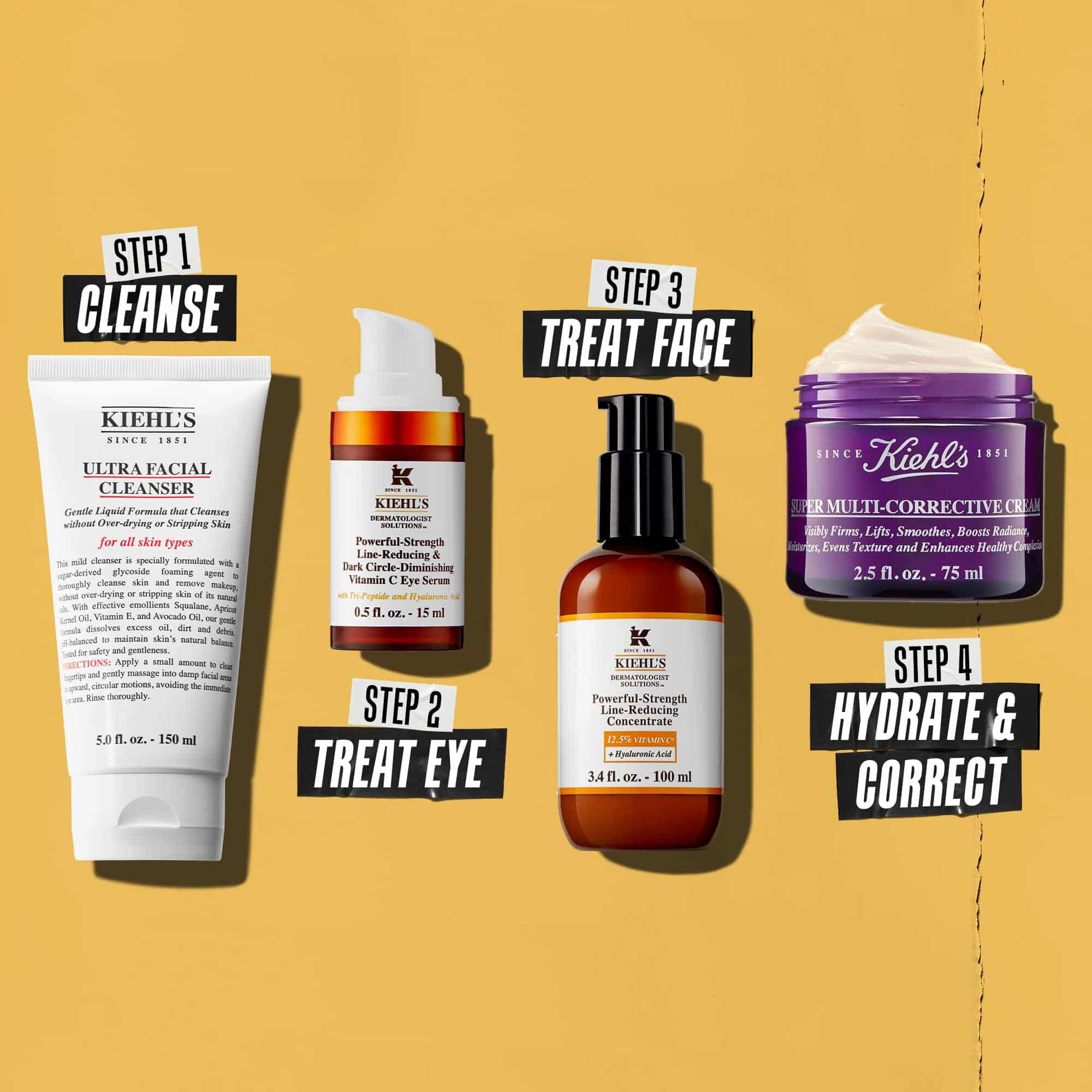 Četiri Kiehl's proizvoda koja predstavljaju rutinu njege kože. S lijeva na desno: sredstvo za čišćenje, krema za područje oko očiju, Powerful-Strength Line-Reducing Concentrate i hidratantna krema.