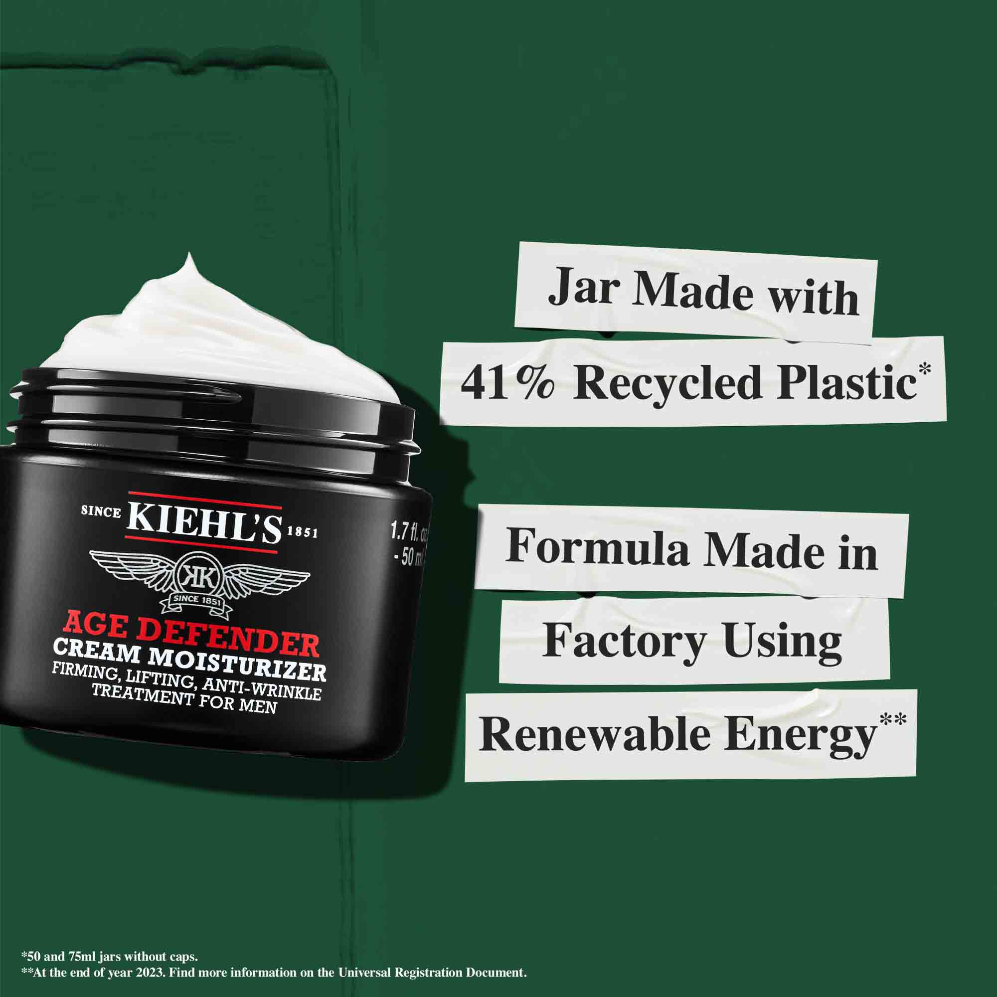 Posudica kreme Age Defender izrađena od 41 % reciklirane plastike; formula proizvedena uz obnovljivu energiju.